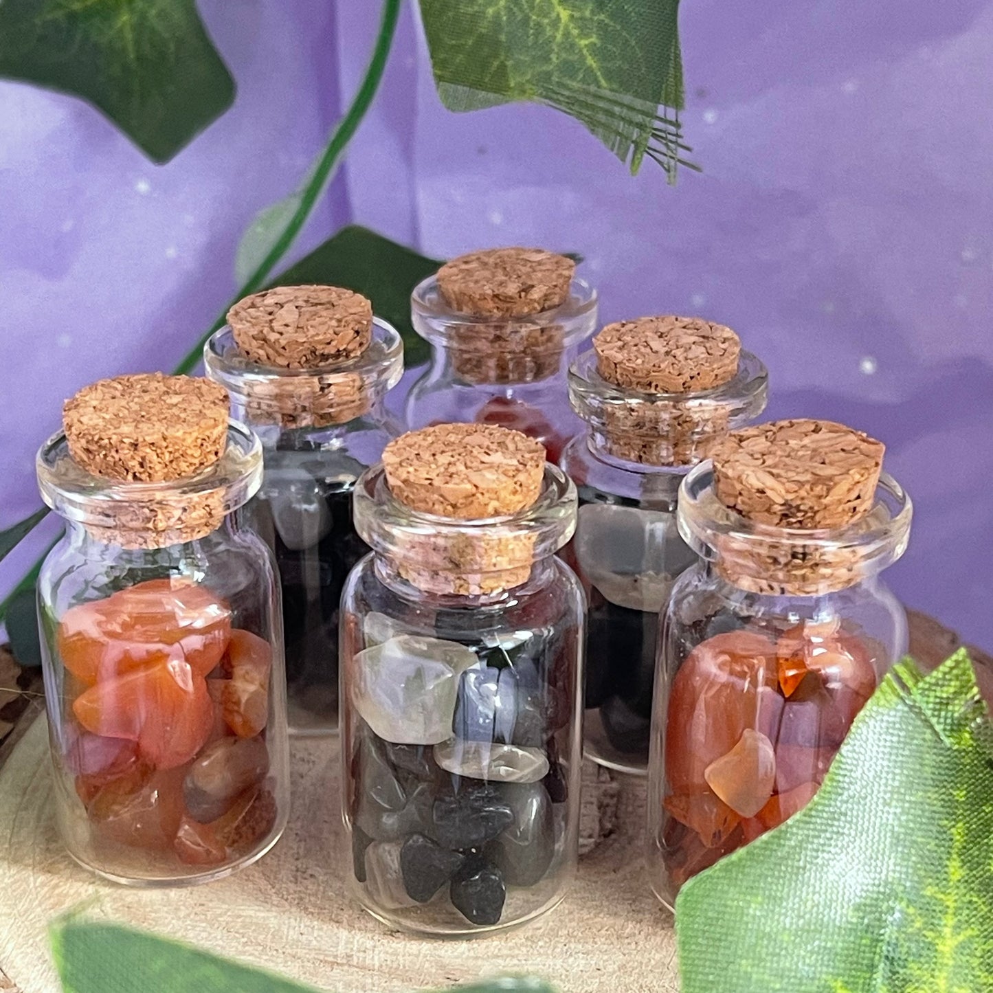 crystal vials - carnelian, black tourmaline & black moonstone