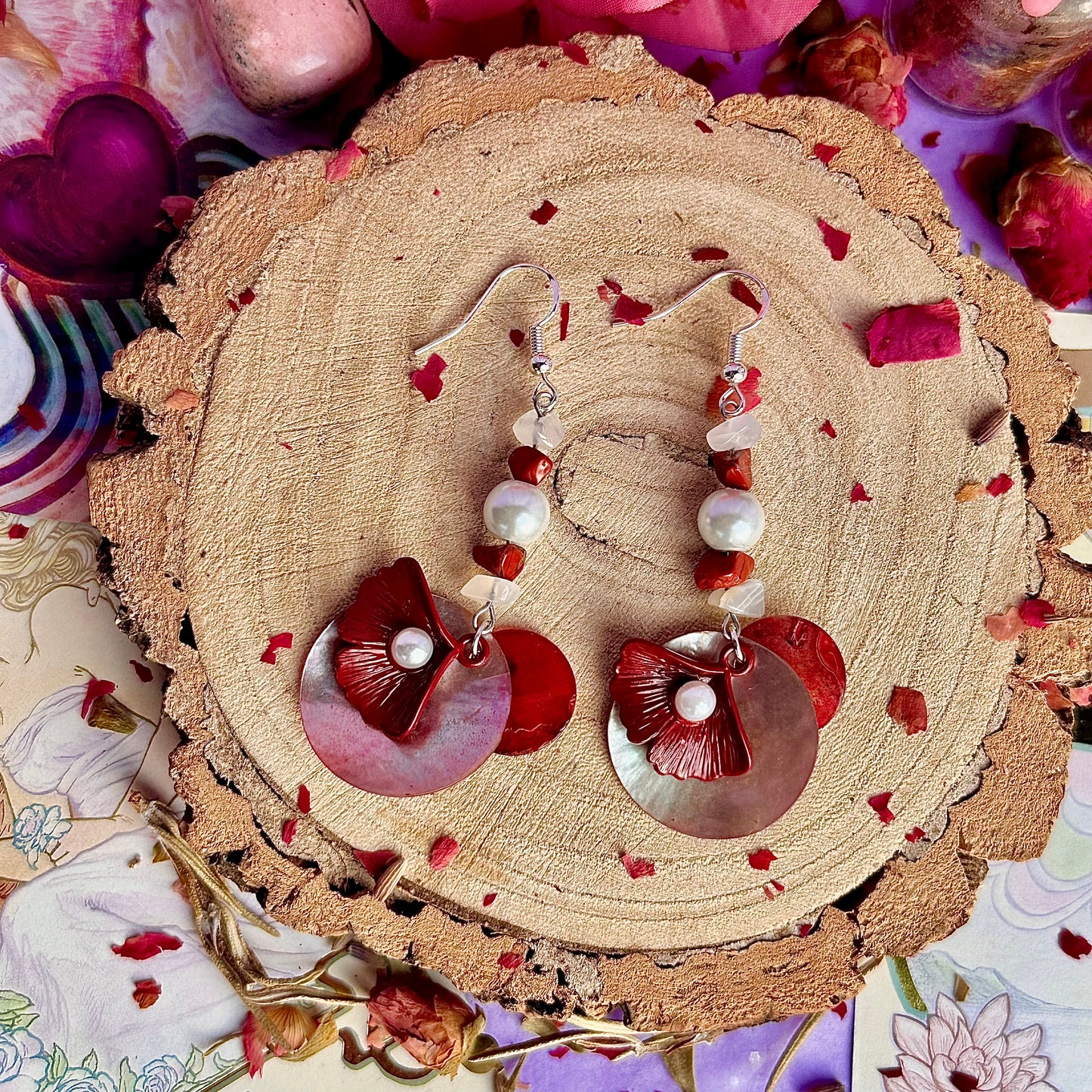 Boucles d'oreilles nacre perle pierre de lune et jaspe rouge ~ argent sterling sur crochets 925