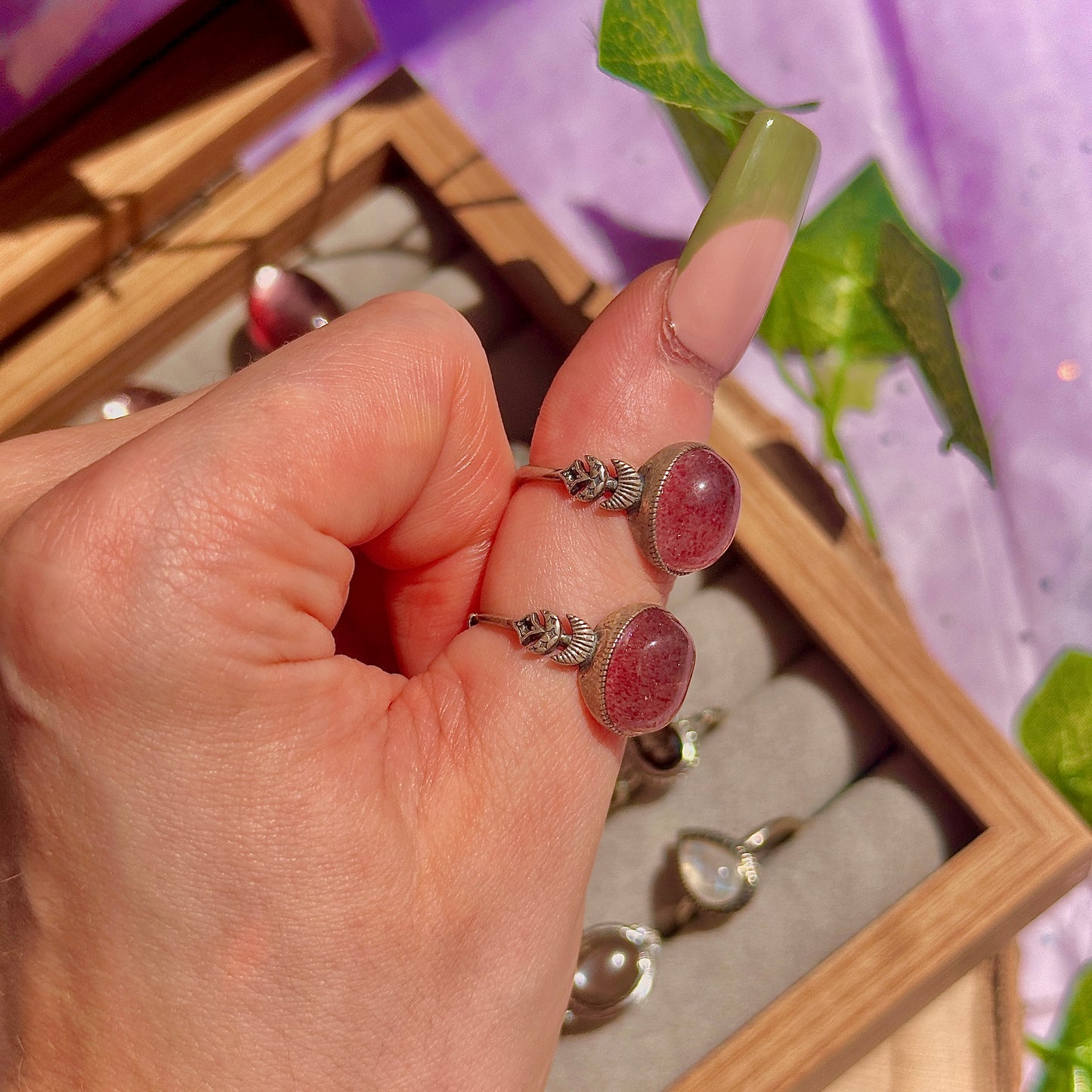 strawberry quartz 925 sterling silver adjustable ring ~ style b