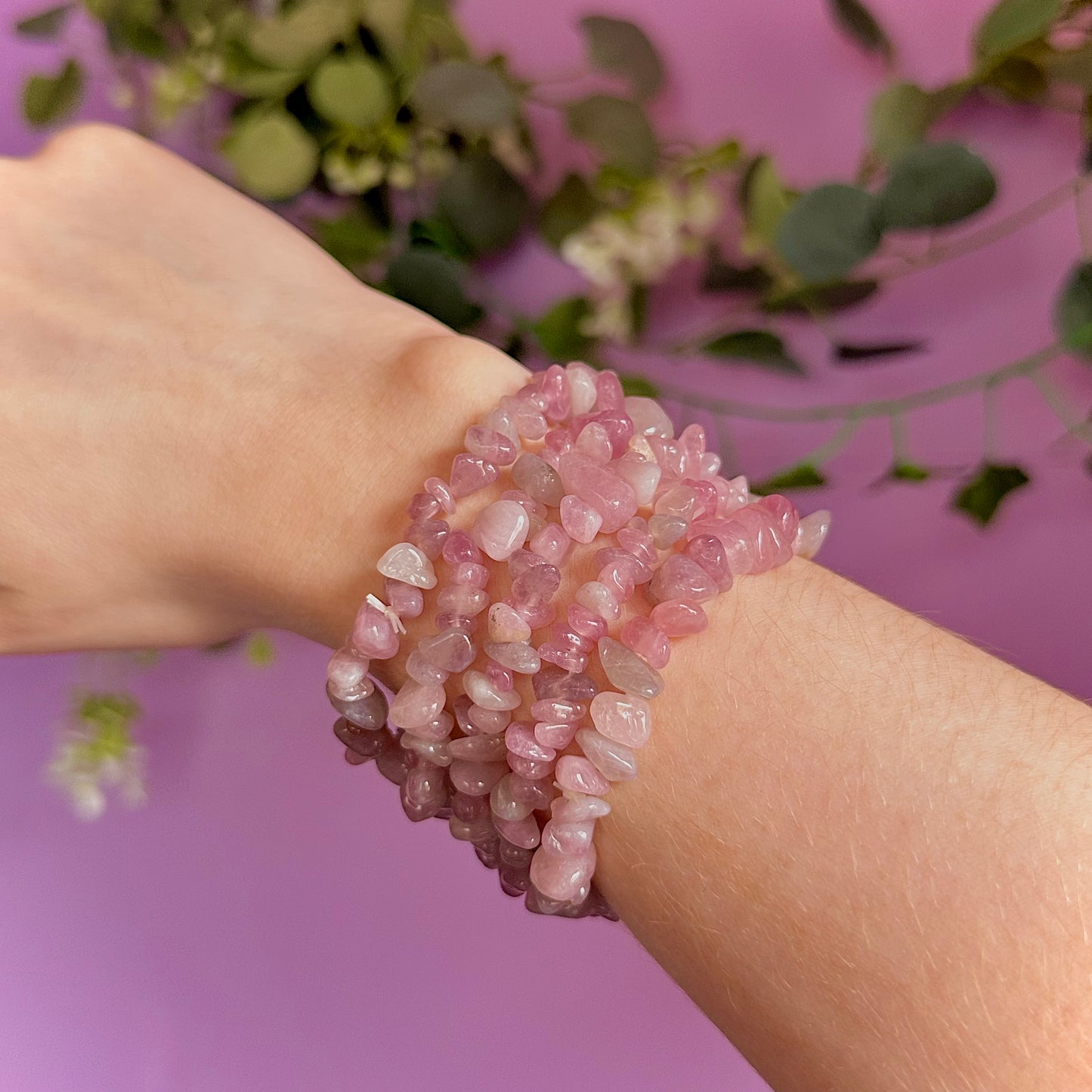 lavender rose quartz chip bracelet