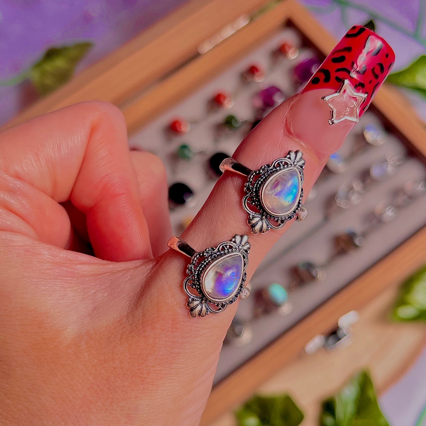 rainbow moonstone style D ~ 925 sterling silver adjustable rings / intuitively chosen