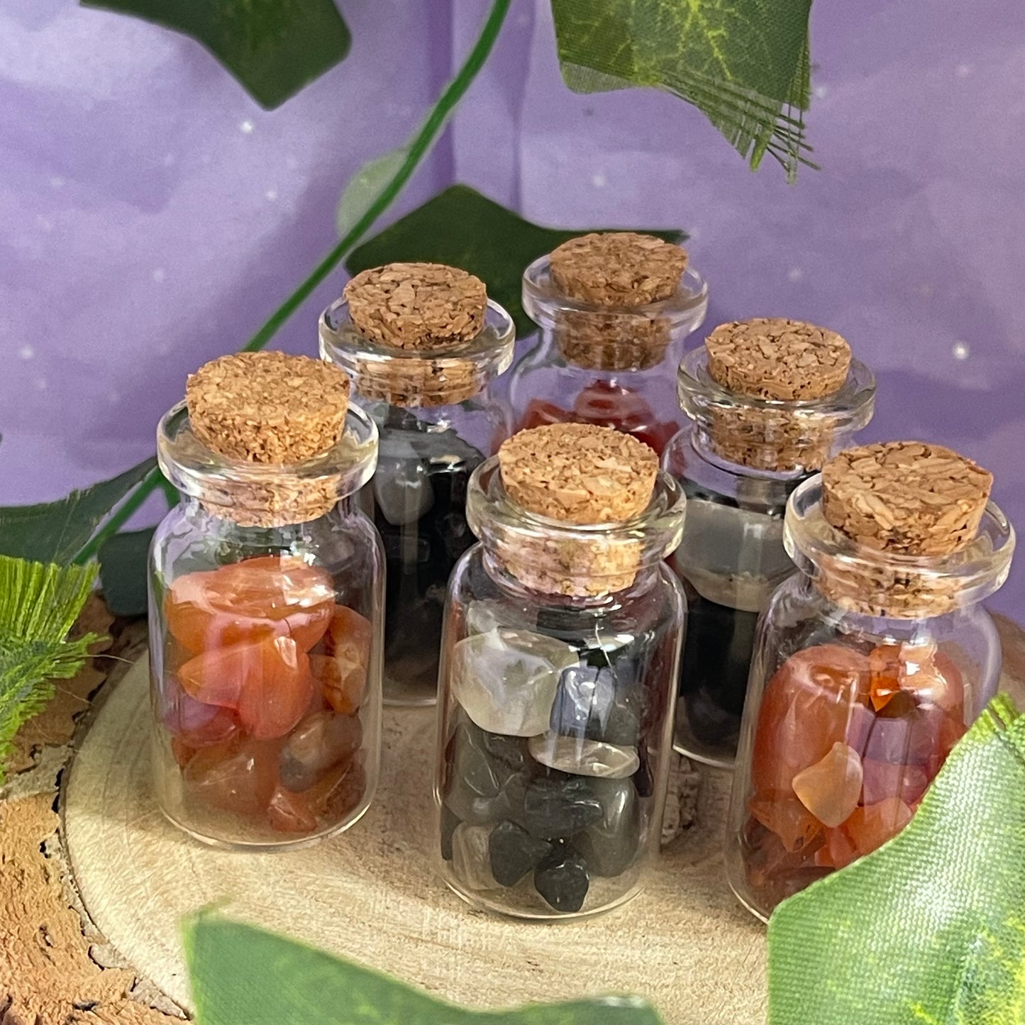 crystal vials - carnelian, black tourmaline & black moonstone