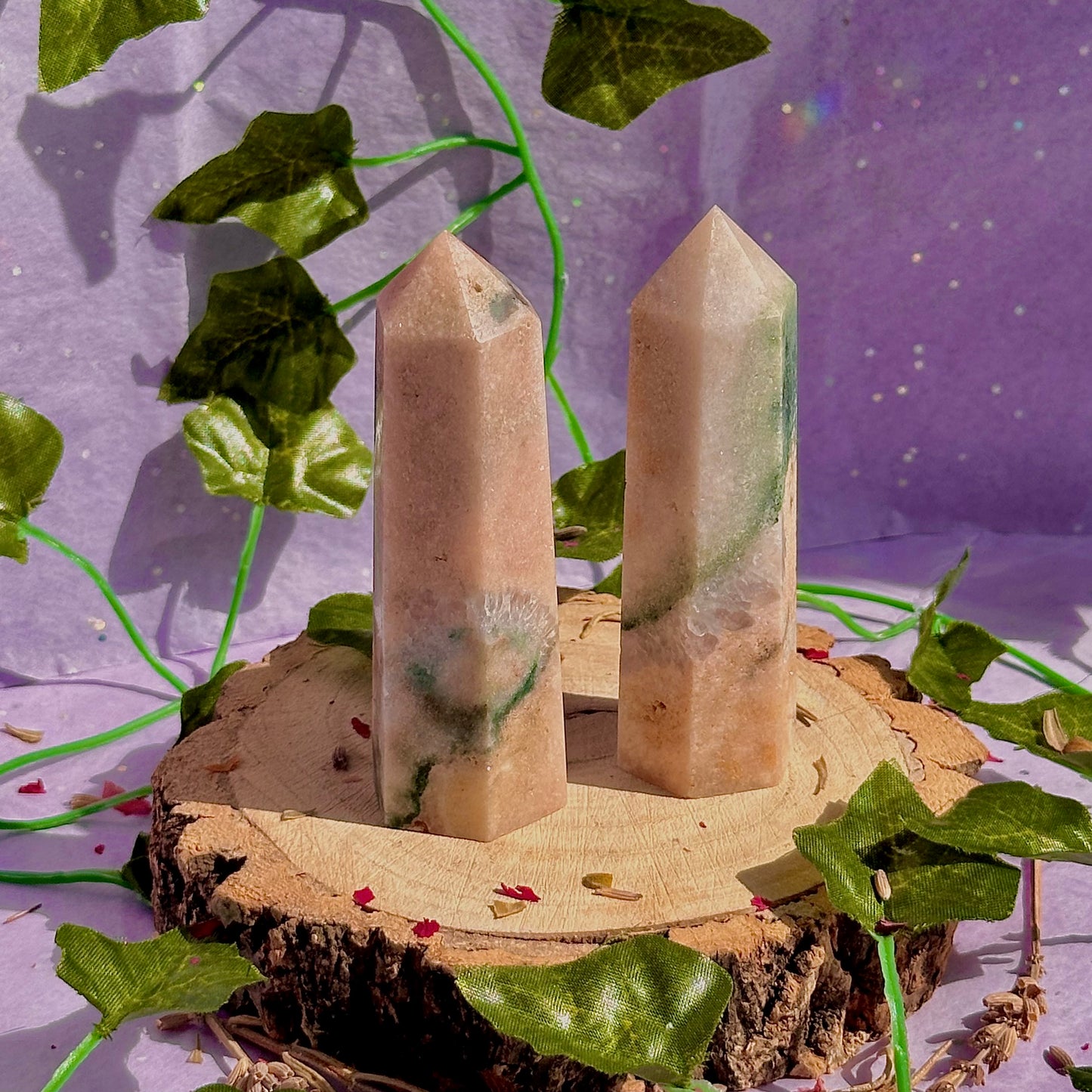 pink amethyst with green jasper towers ~ intuitively chosen