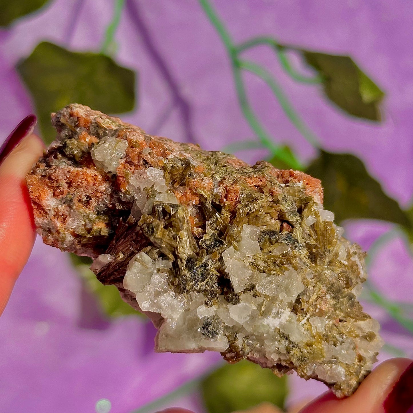 spécimen d'épidote de forêt avec quartz et grenat