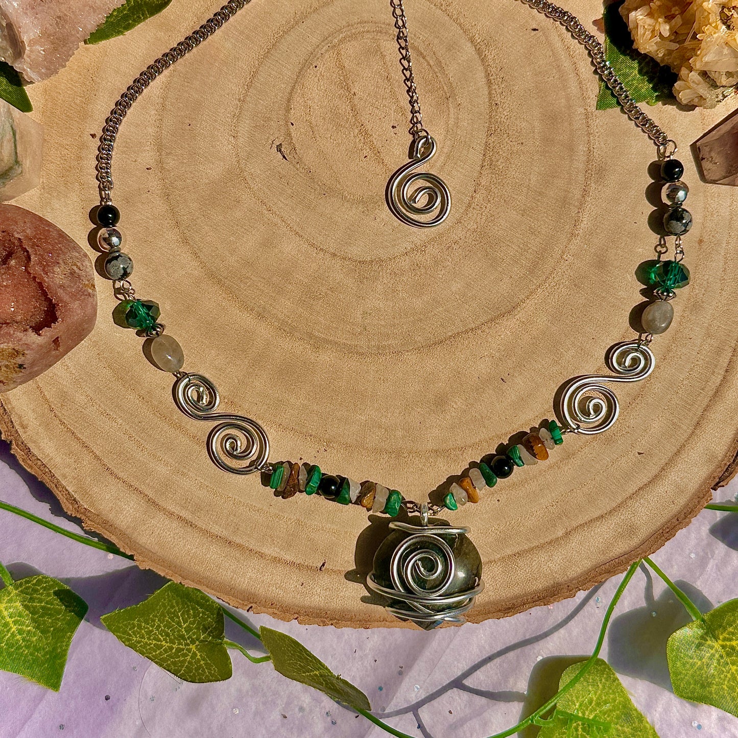 natures transformation necklace ~ labradorite, malachite, obsidian, snowflake obsidian, tigers eye, quartz