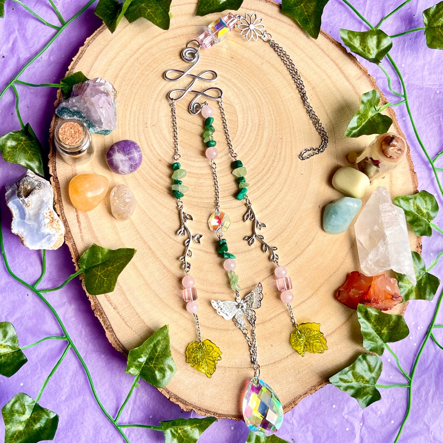 spring garden sun catcher - rose quartz, green aventurine & malachite
