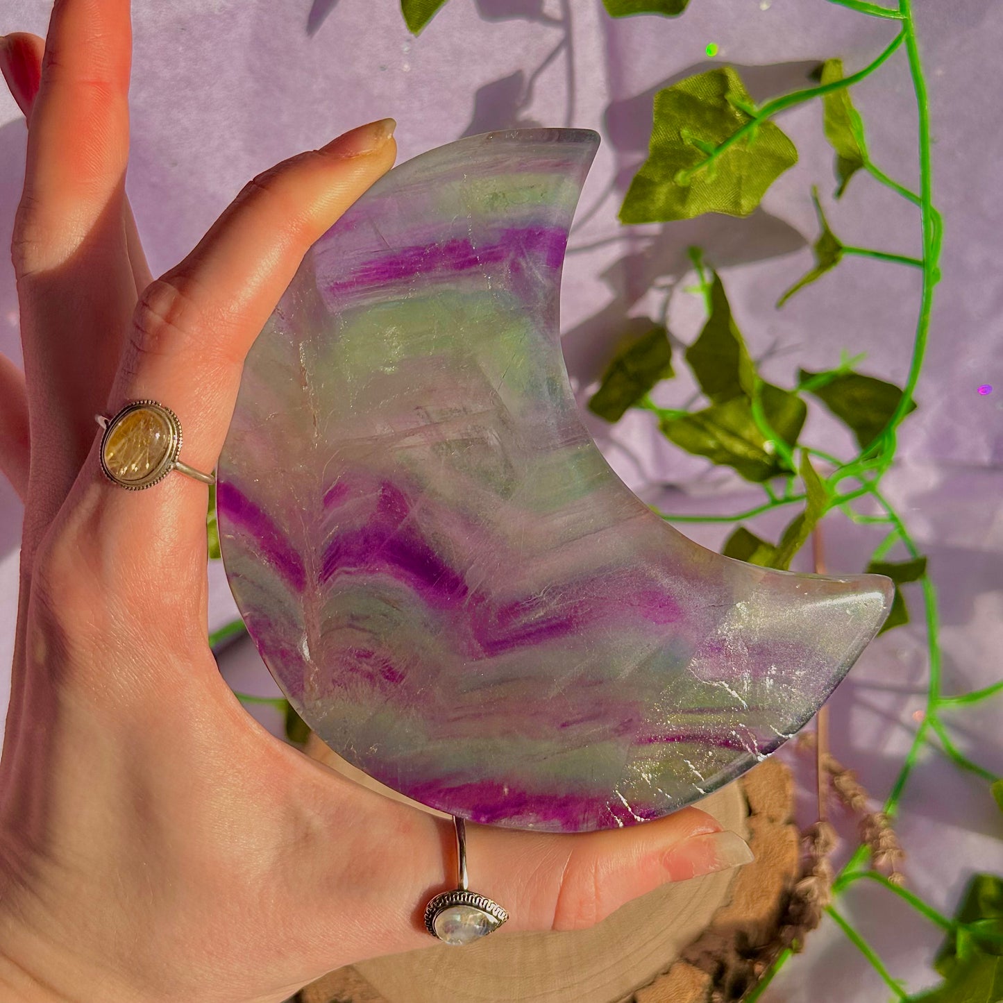 rainbow fluorite moon carving