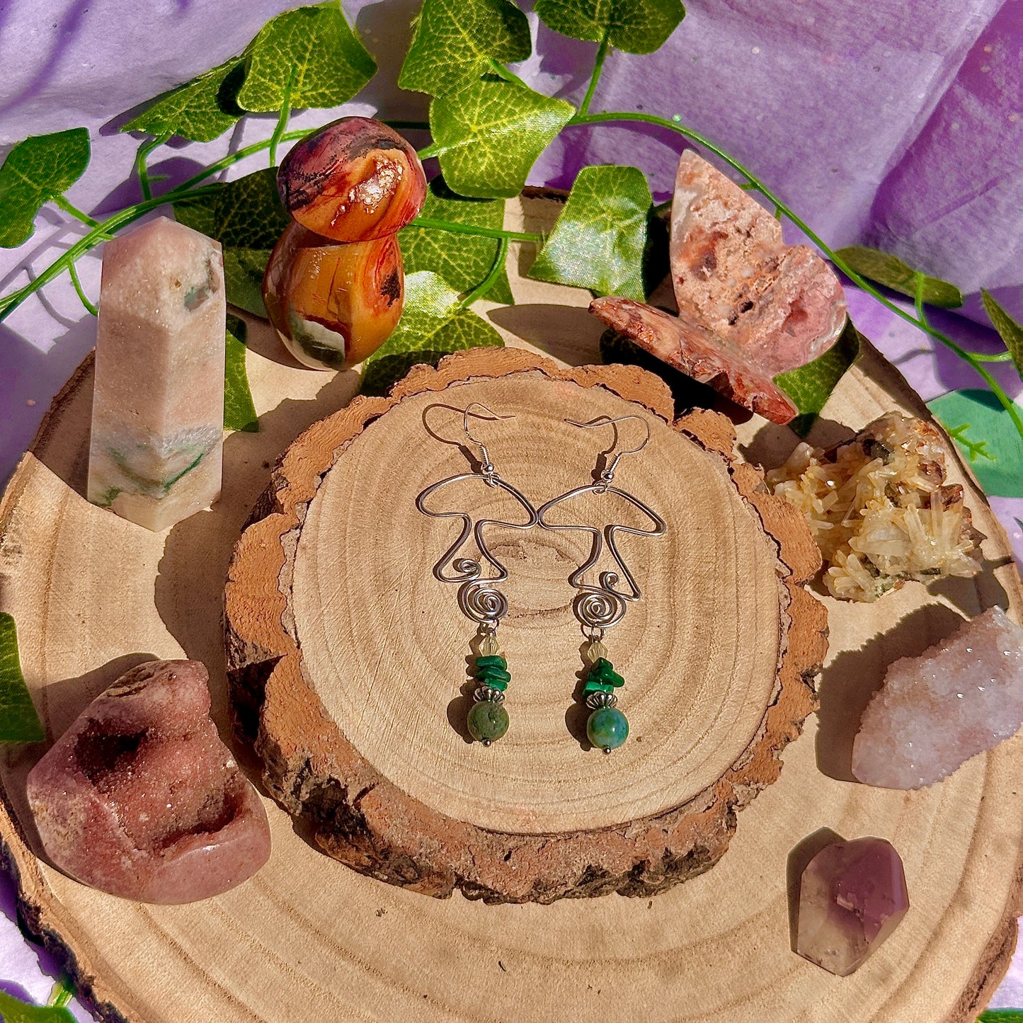 funky fungi earrings ~ moss agate, malachite on 925 hooks