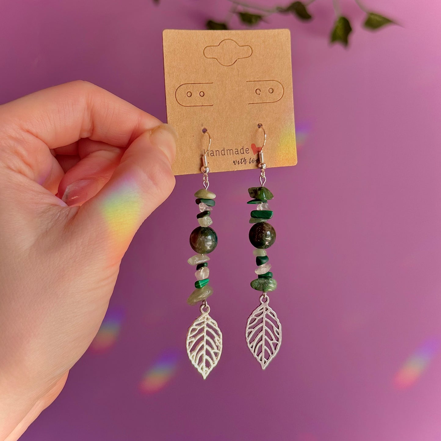 leaf earrings on 925 hooks ~ aventurine, malachite, moss agate, fluorite
