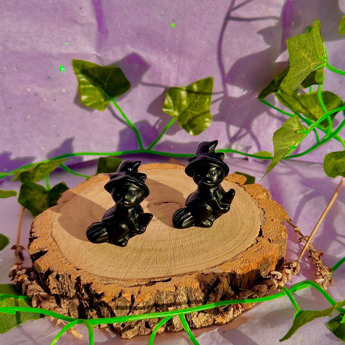 black obsidian cat on broom carving ~ intuitively chosen