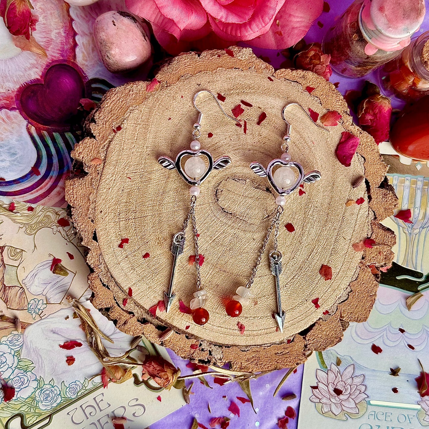 Boucles d'oreilles flèches d'anges en quartz rose, pierre de lune et cornaline ~ argent sterling sur crochets 925