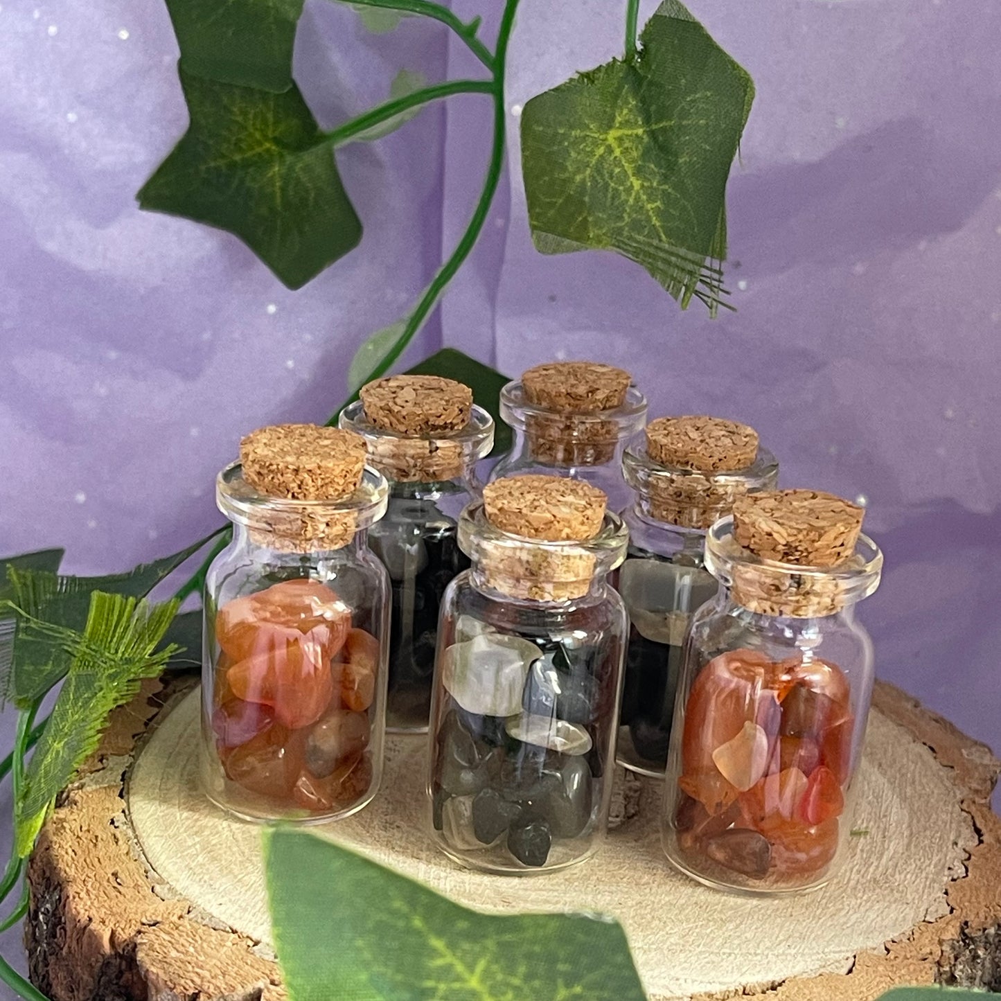crystal vials - carnelian, black tourmaline & black moonstone