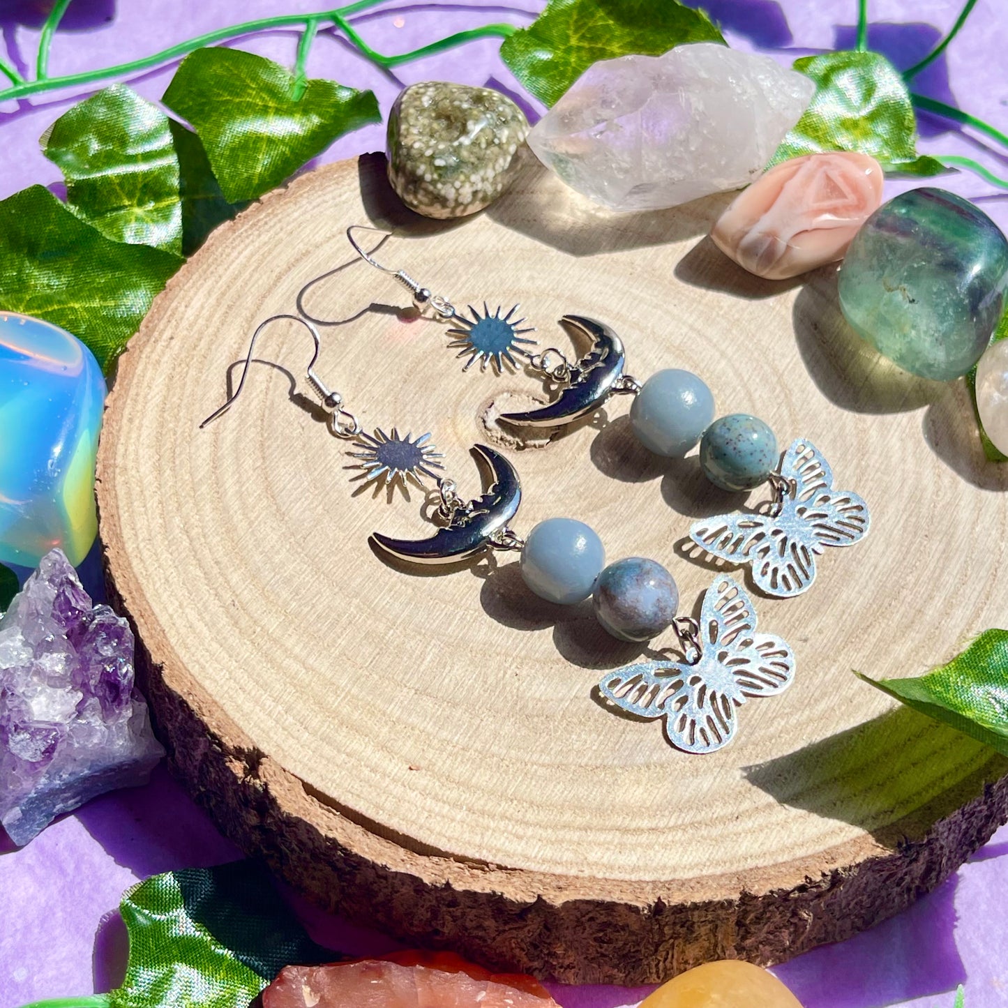 summer wings earrings - angelite & moss agate on 925 hooks