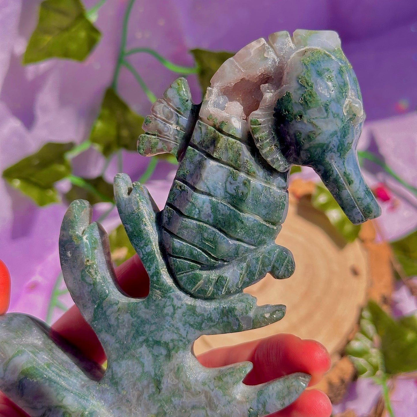 moss agate sea horse carving ~ self standing