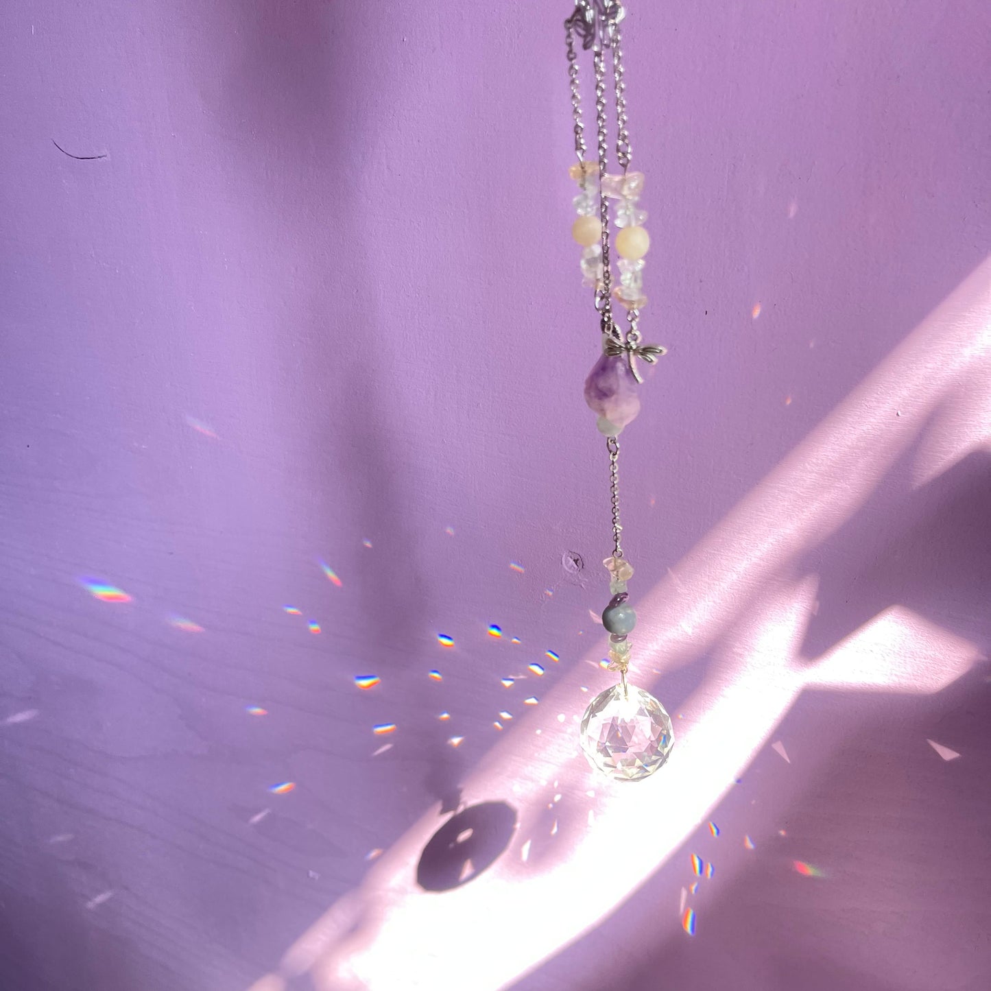 the magick tree sun catcher - amazonite, fluorite, amethyst, calcite, clear quartz, citrine & angelite