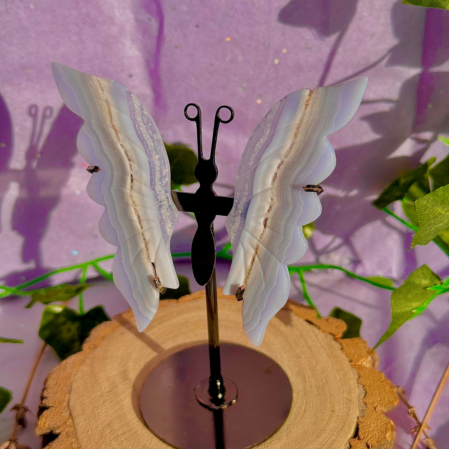 blue lace agate butterfly wings on stand A