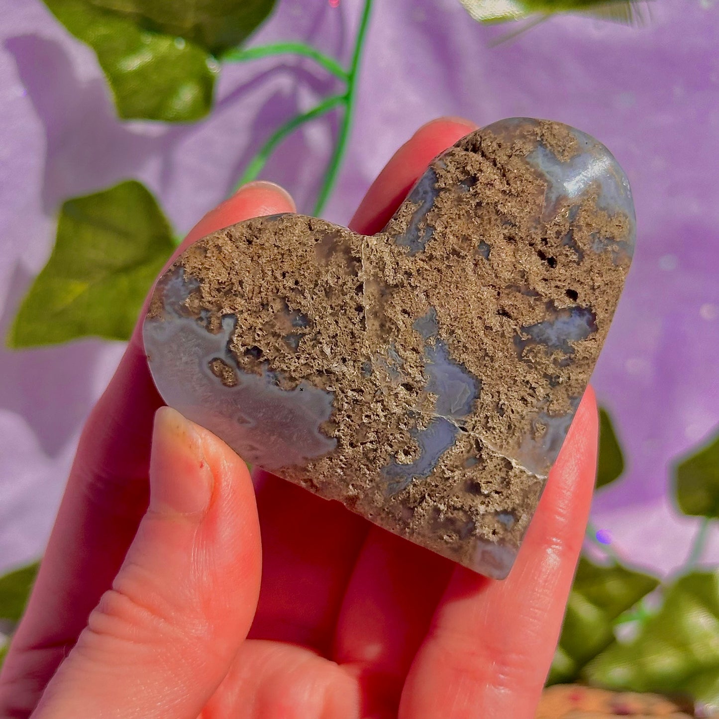moss agate heart carving with stand