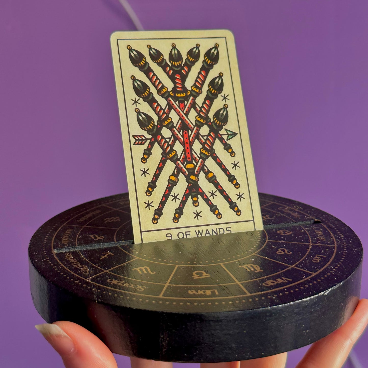 black astrology wheel tarot card stand