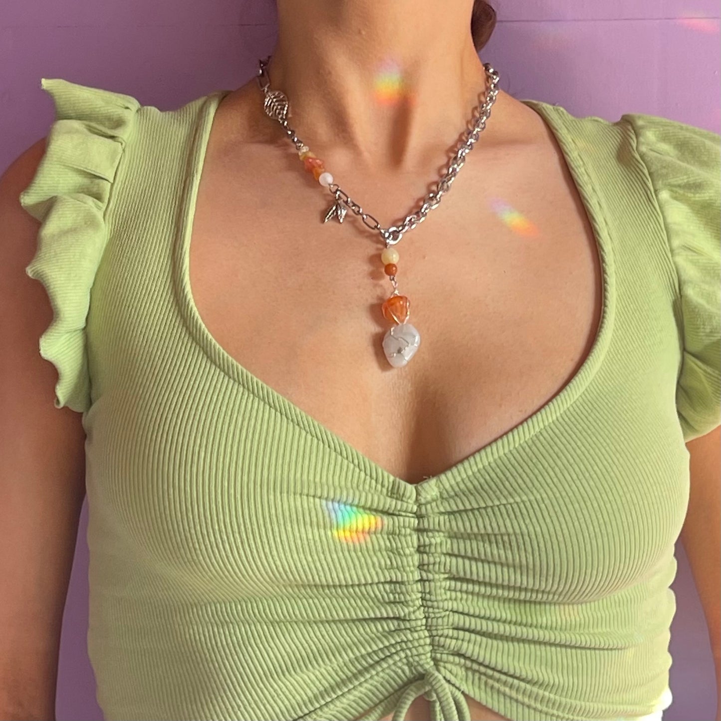 candy corn necklace (rainbow moonstone, carnelian, calcite, orange aventurine, quartz)