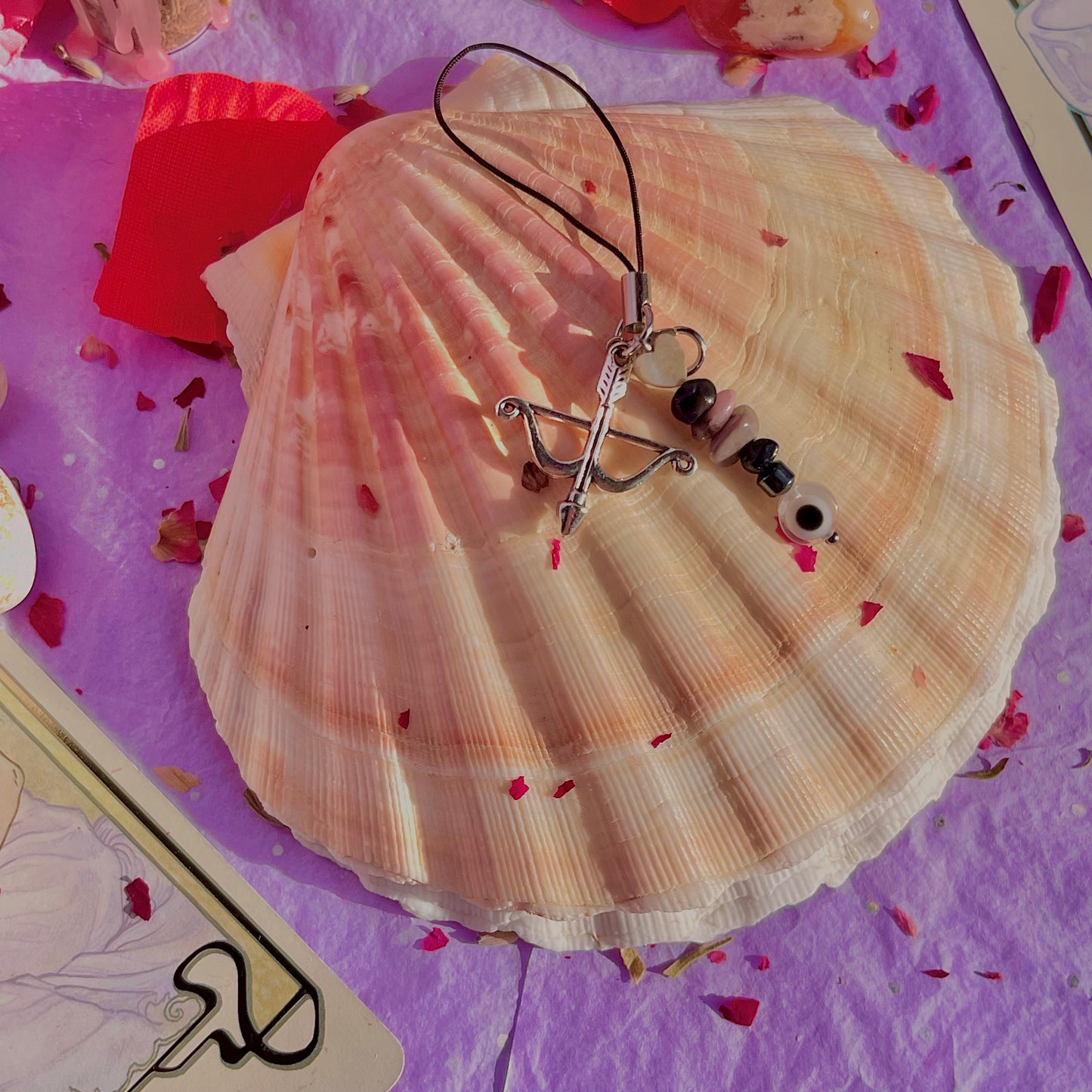 bow and arrow heart phone charm ~ amazonite, black obsidian, rhodonite & hematite