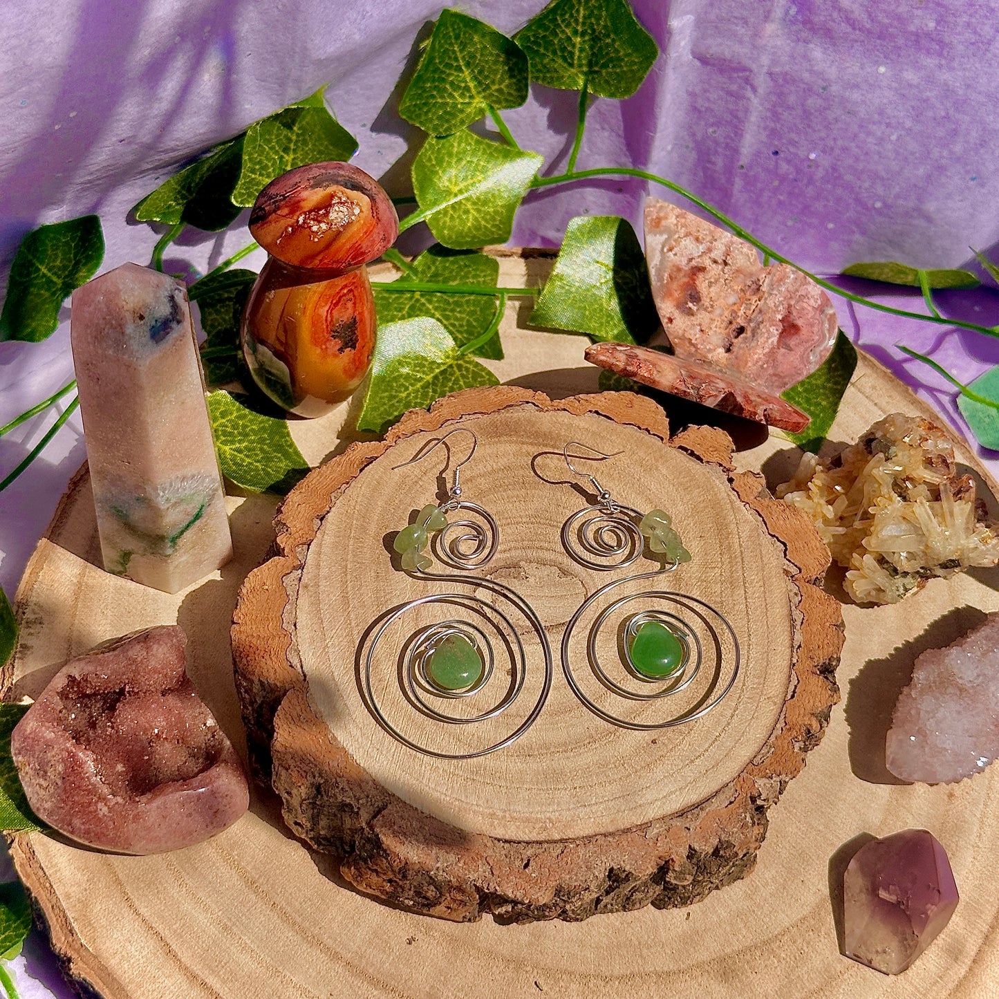 lucky spiral earrings ~ green aventurine on 925 hooks