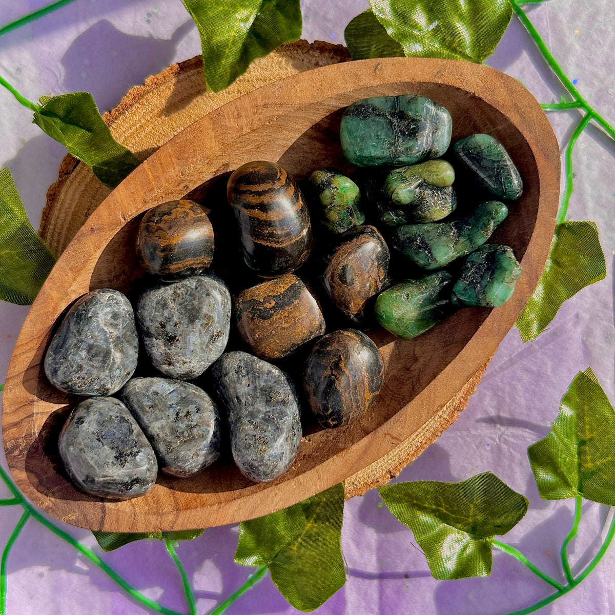 larvikite / stromatolite / emerald tumbles ~ preloved