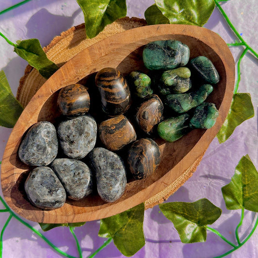 larvikite / stromatolite / emerald tumbles ~ preloved