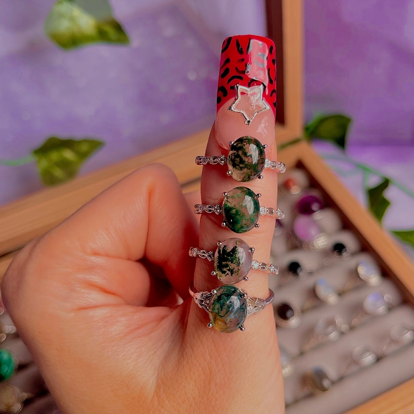 moss agate style B ~ 925 sterling silver adjustable rings / choose your own