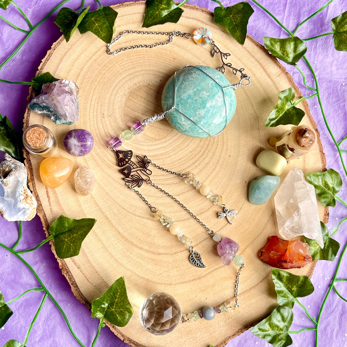 the magick tree sun catcher - amazonite, fluorite, amethyst, calcite, clear quartz, citrine & angelite