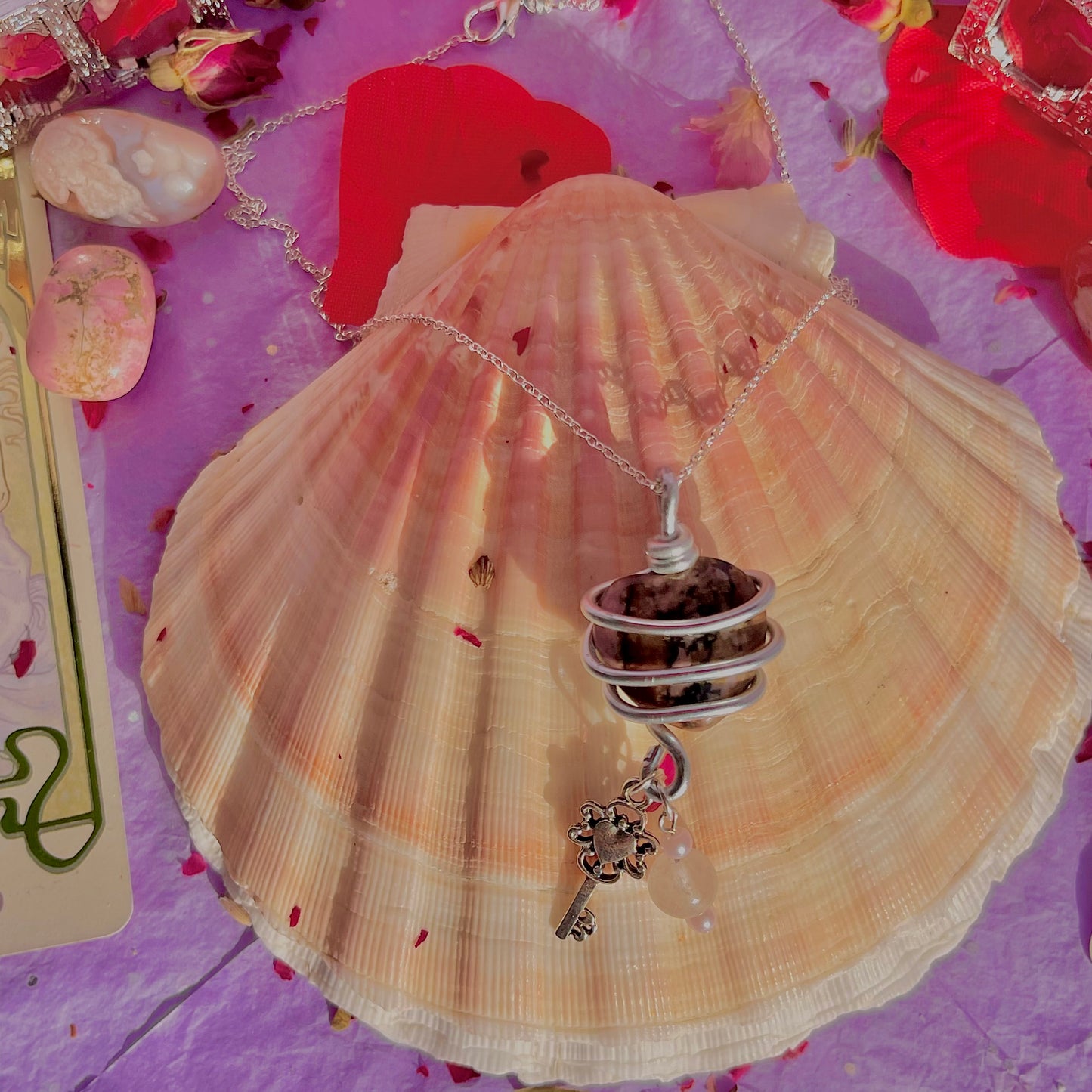 wrapped around my heart necklace sterling silver plated 18 inch chain ~ rhodonite, morganite with faux pearls