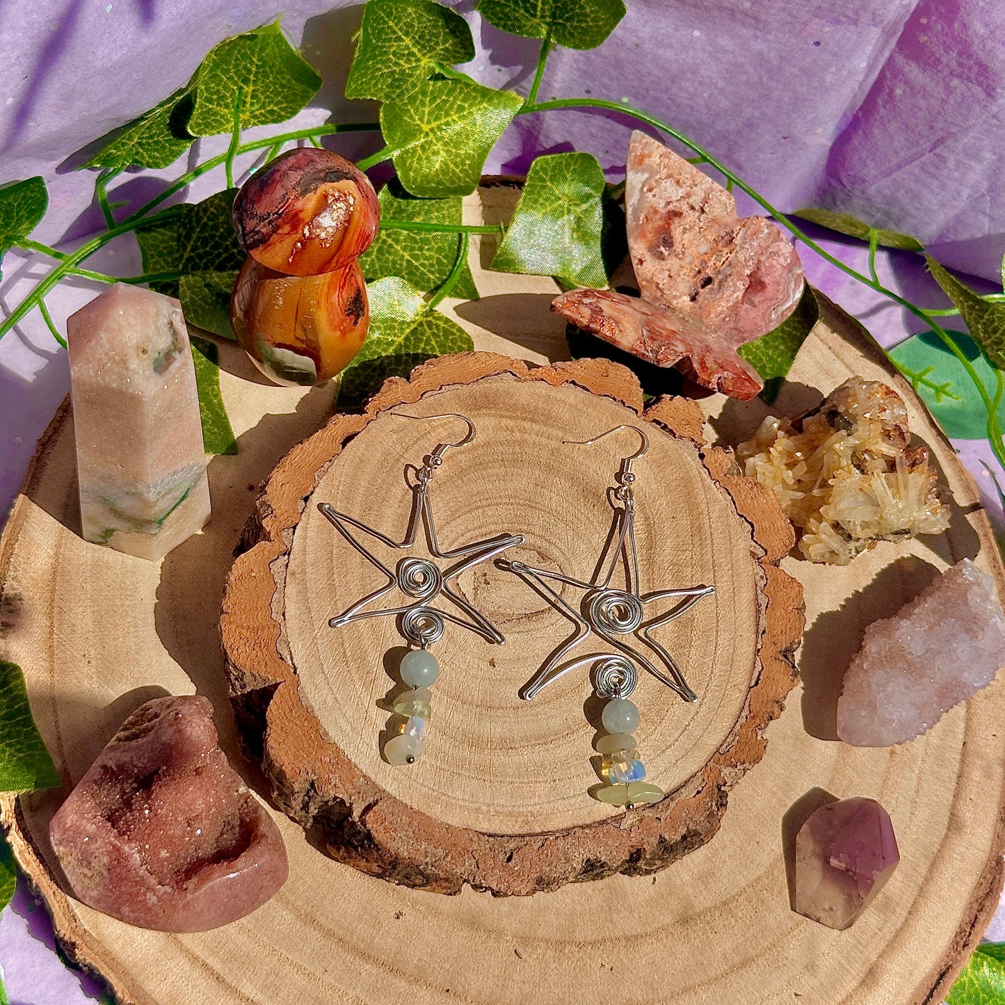 star spirals earrings ~ aquamarine, opalite, citrine, olive jade on 925 hooks