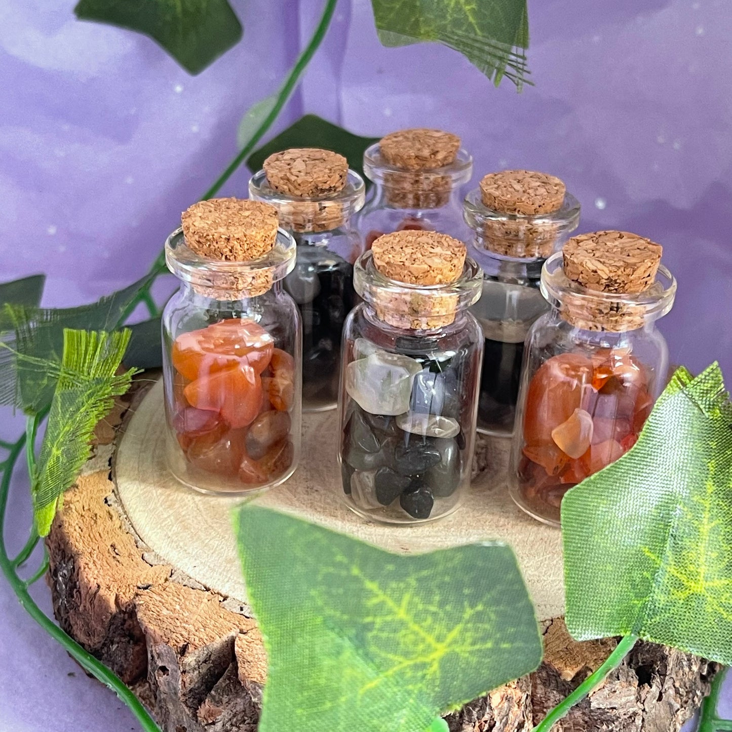 crystal vials - carnelian, black tourmaline & black moonstone