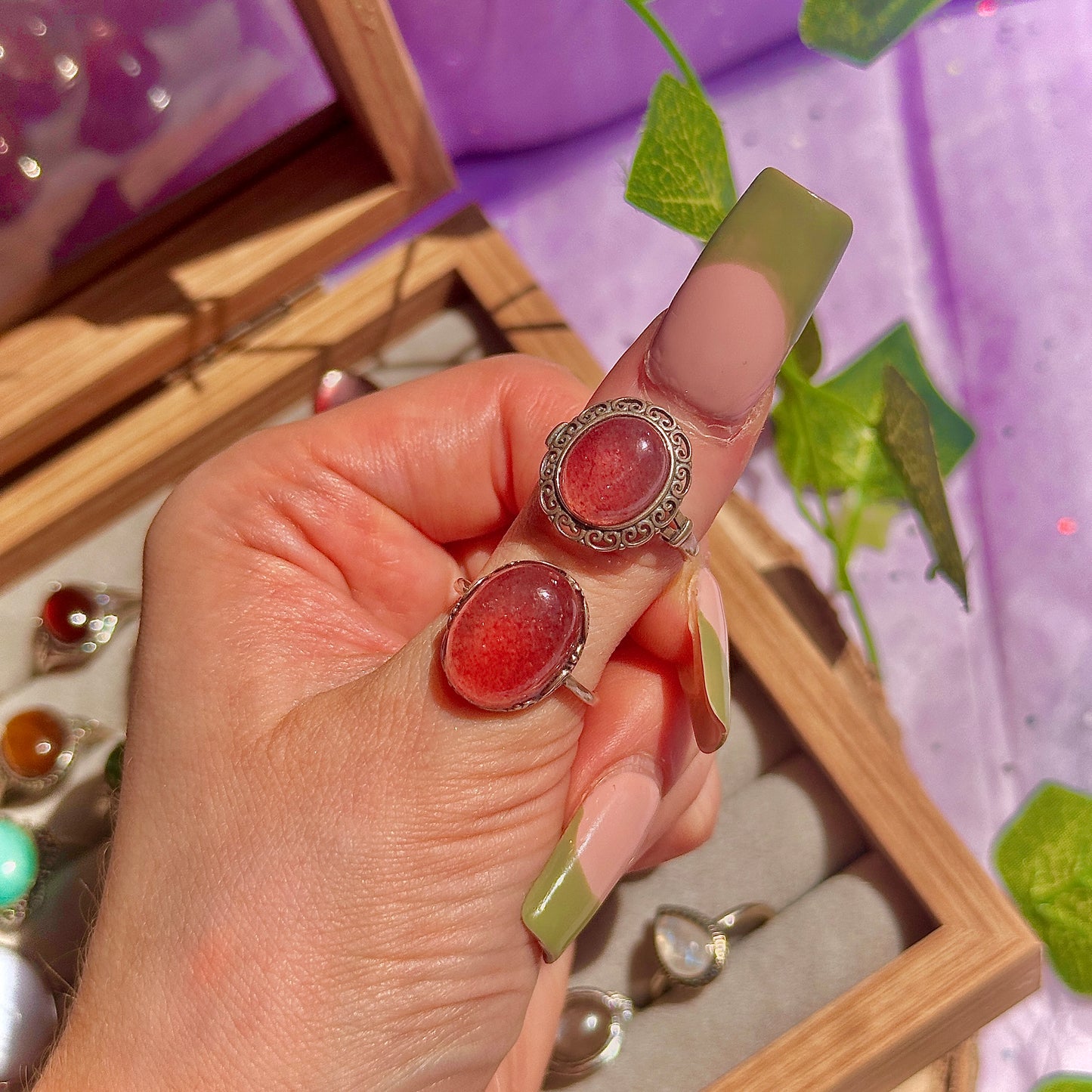 strawberry quartz 925 sterling silver adjustable ring ~ style a