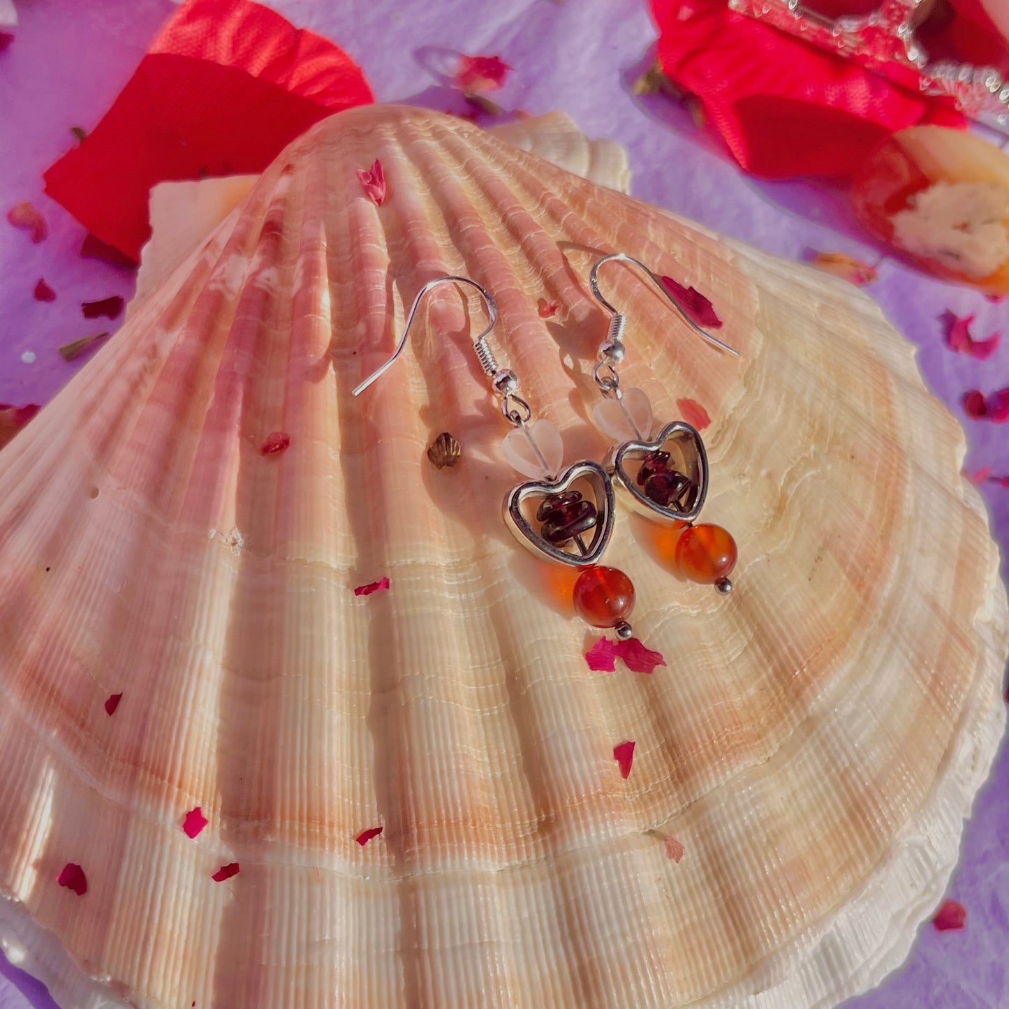 all my heart earrings on 925 sterling silver hooks ~ rose quartz, garnet & carnelian