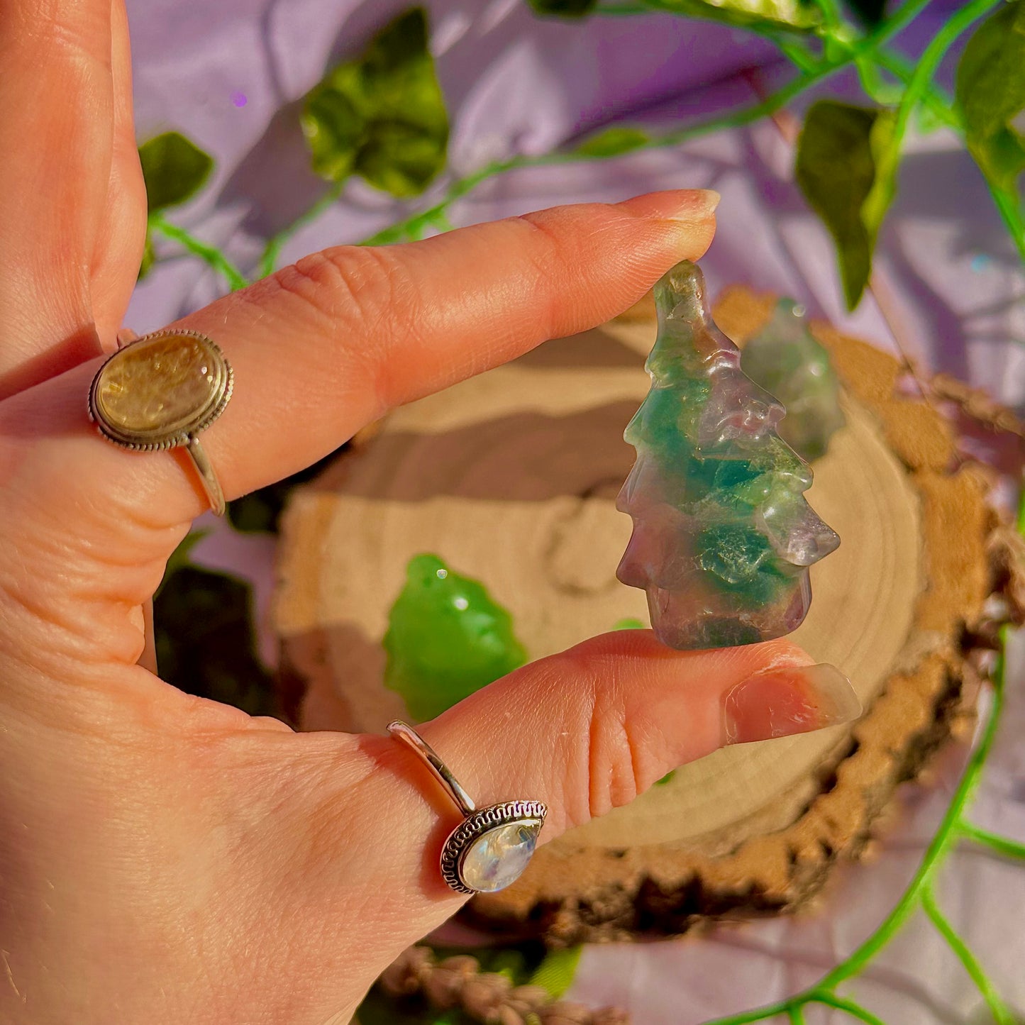 Sculptures de sapins de Noël, aventurine verte et fluorite arc-en-ciel ~ choisissez la vôtre