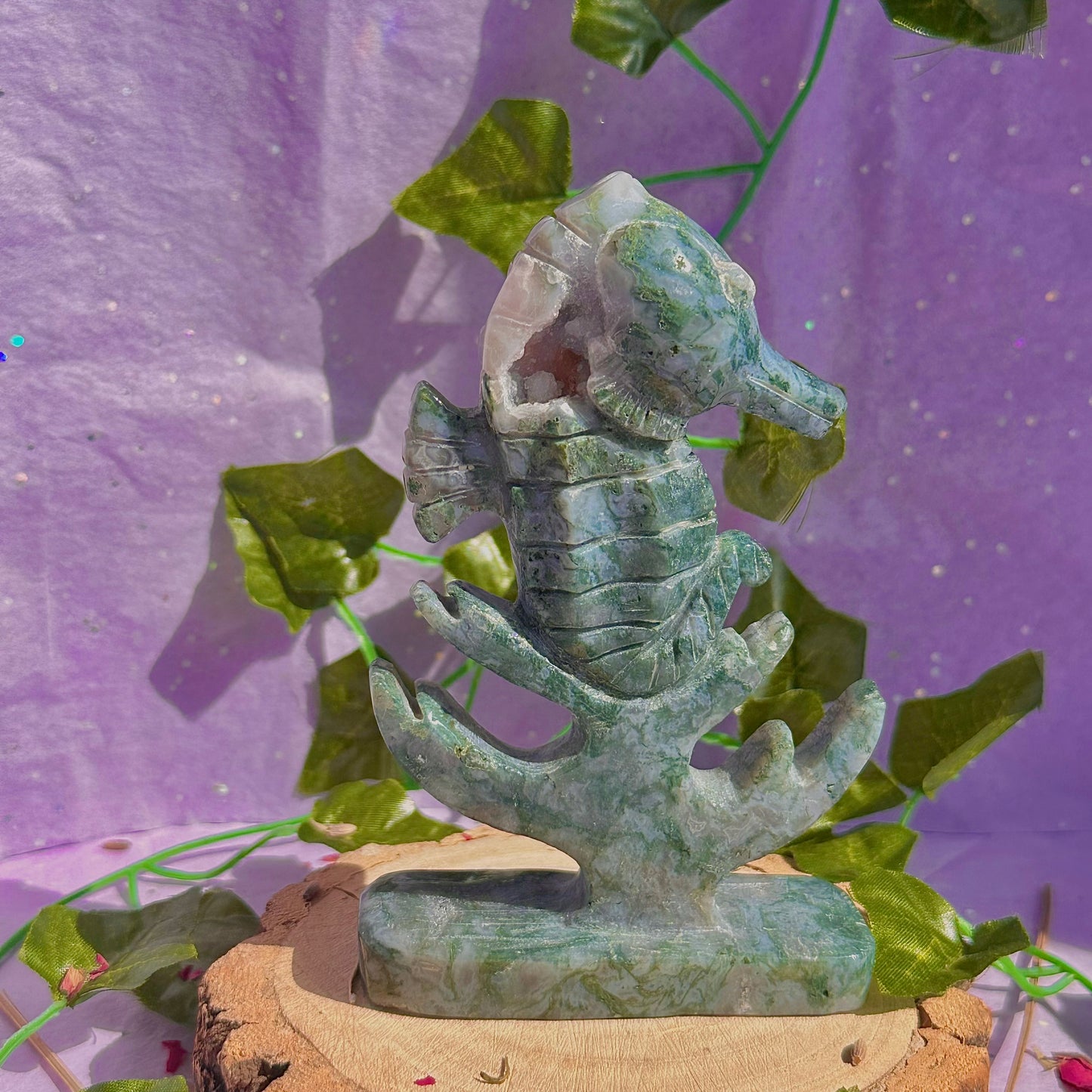 moss agate sea horse carving ~ self standing
