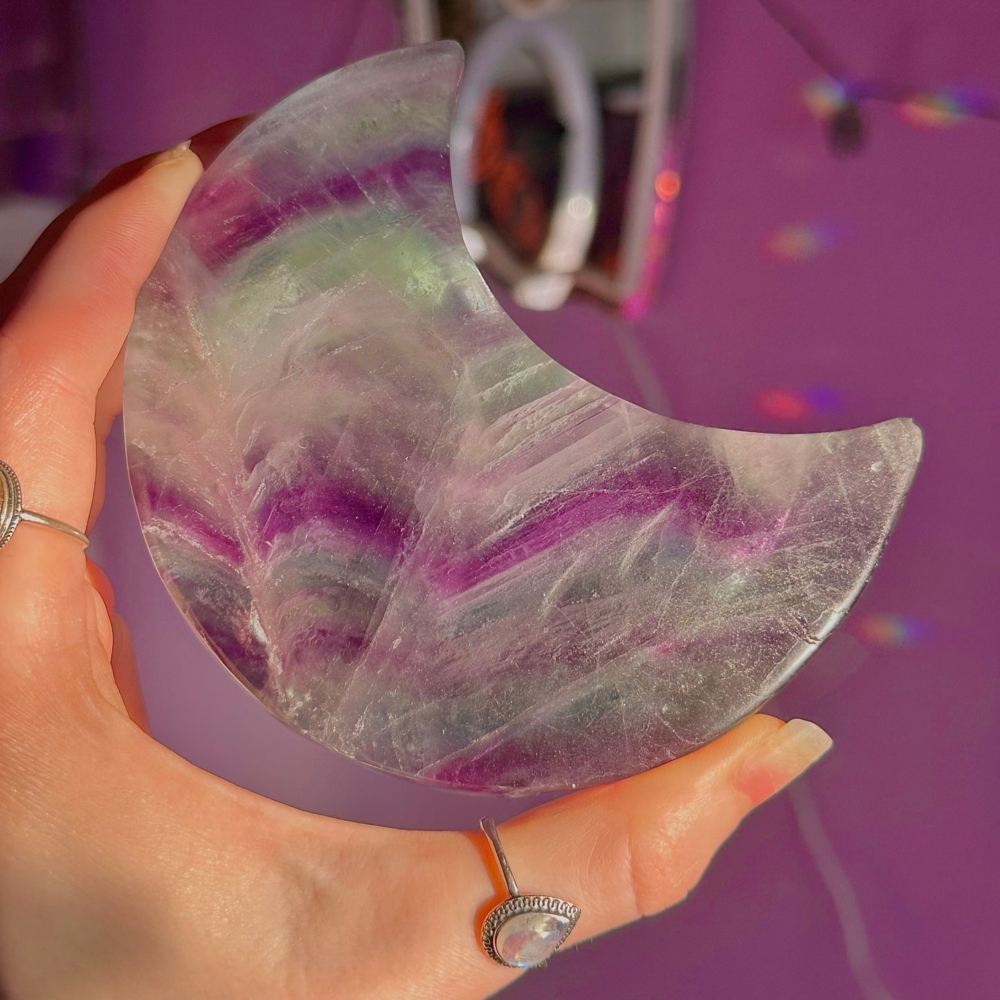 rainbow fluorite moon carving