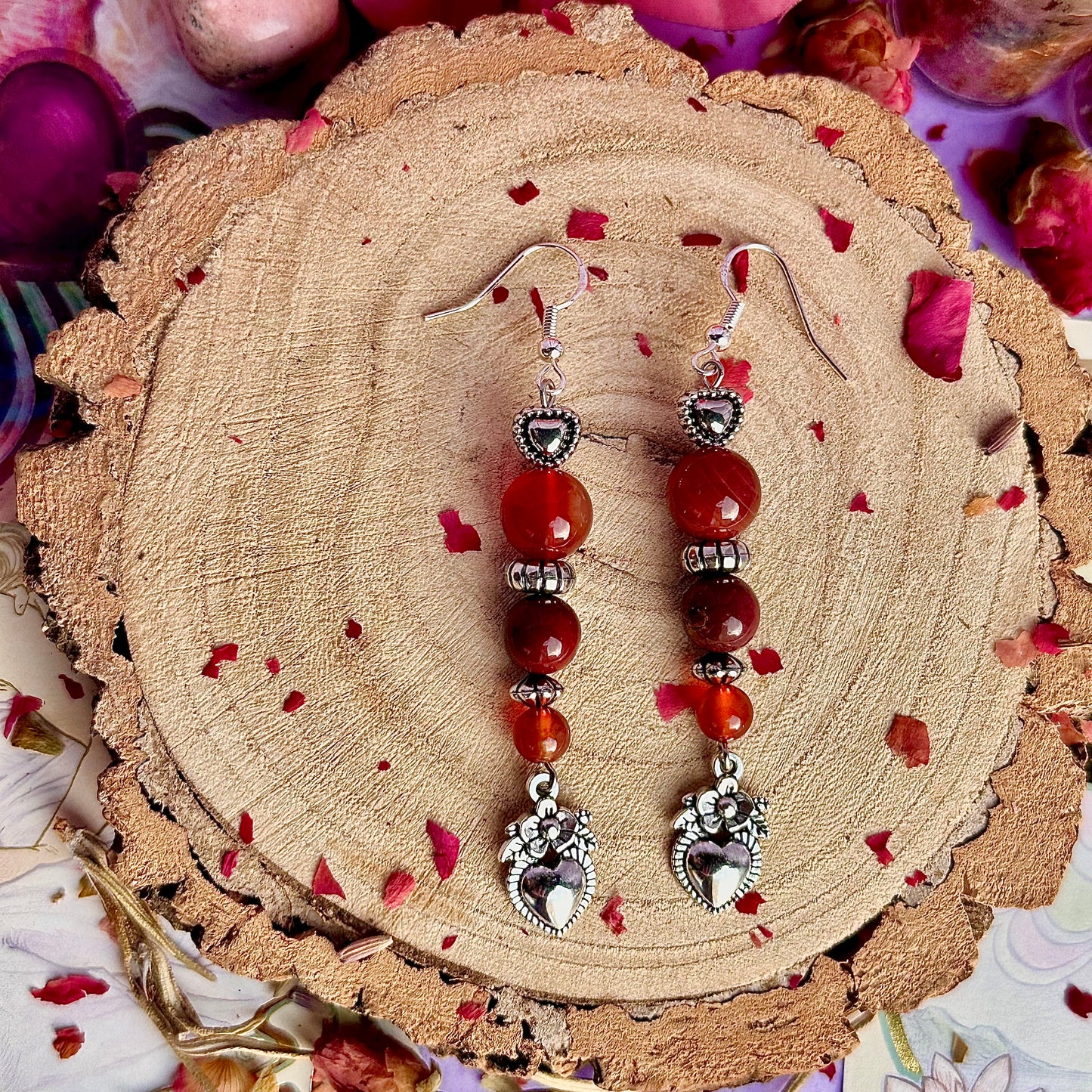 boucles d'oreilles cœur en cornaline et mookite ~ argent sterling sur crochets 925