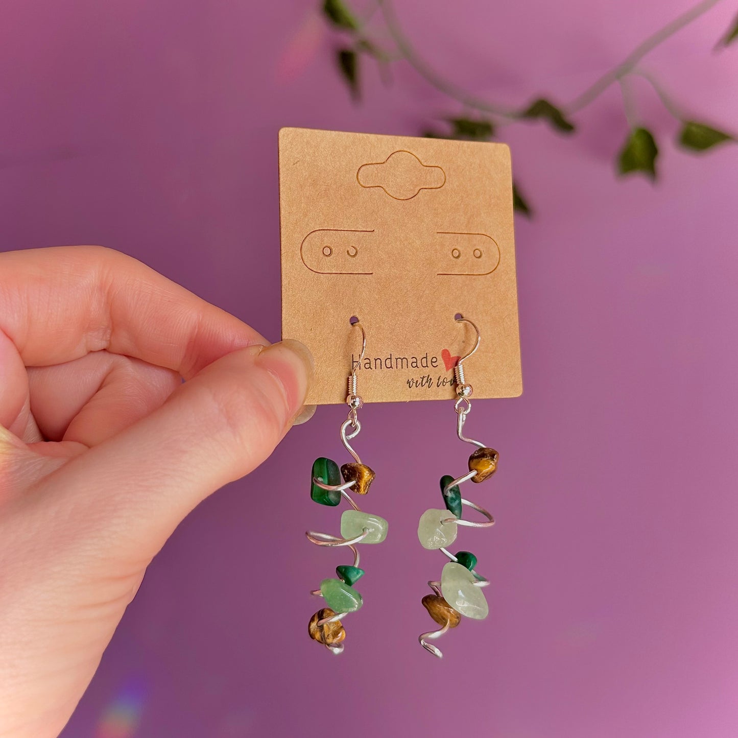 spiral earrings on 925 hooks ~ malachite, tigers eye, aventurine