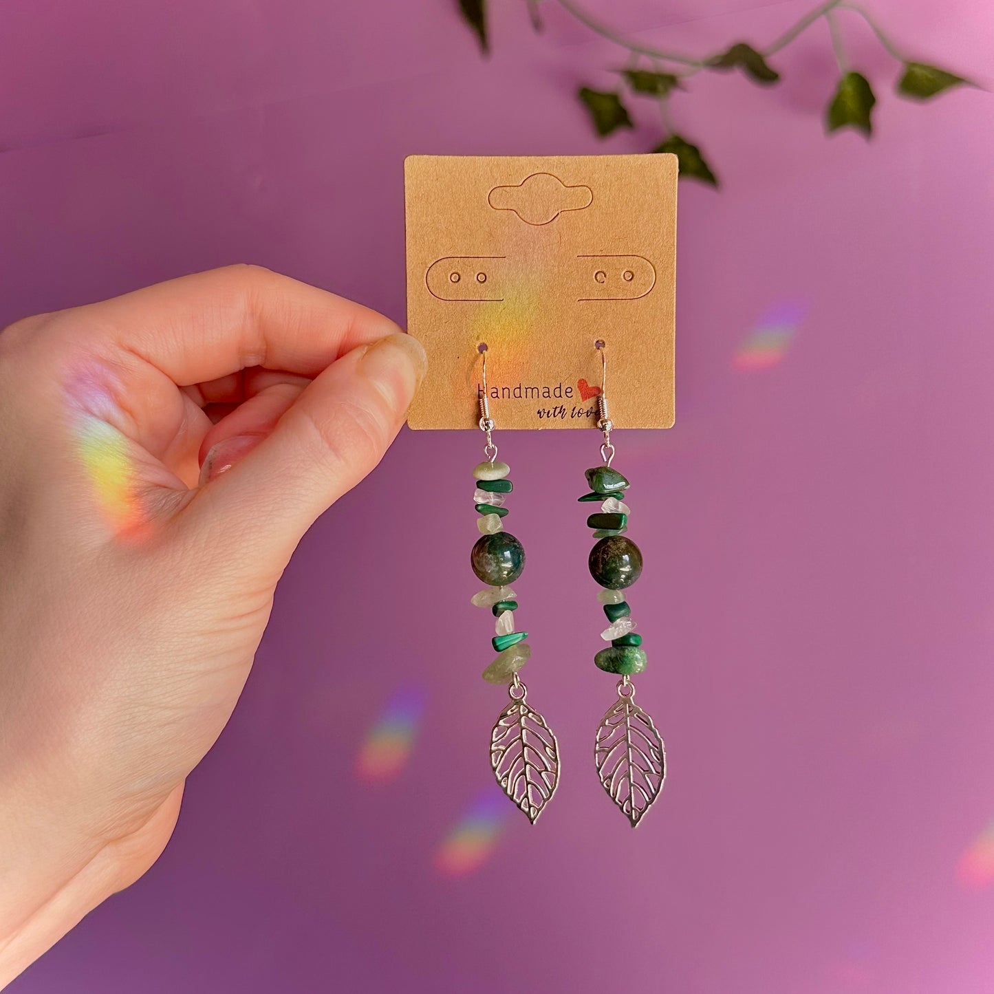 leaf earrings on 925 hooks ~ aventurine, malachite, moss agate, fluorite