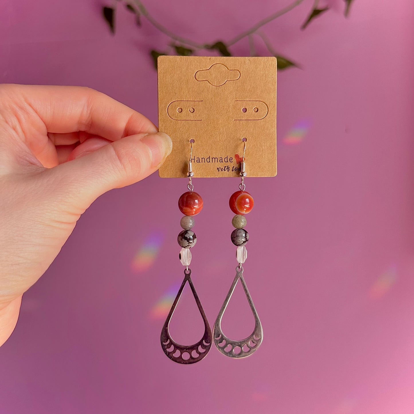 moon phase earrings on 925 hooks ~ carnelian, snowflake obsidian, labradorite