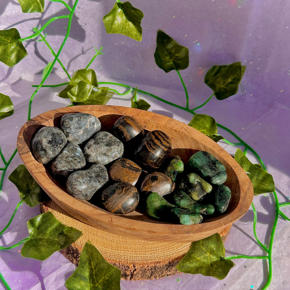 larvikite / stromatolite / emerald tumbles ~ preloved