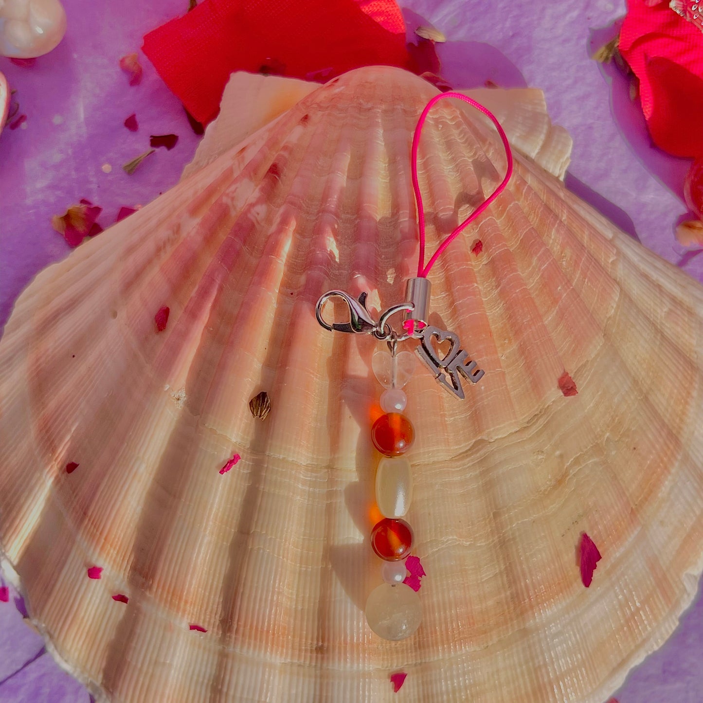 l-o-v-e phone charm ~ rose quartz, carnelian, morganite & faux pearls