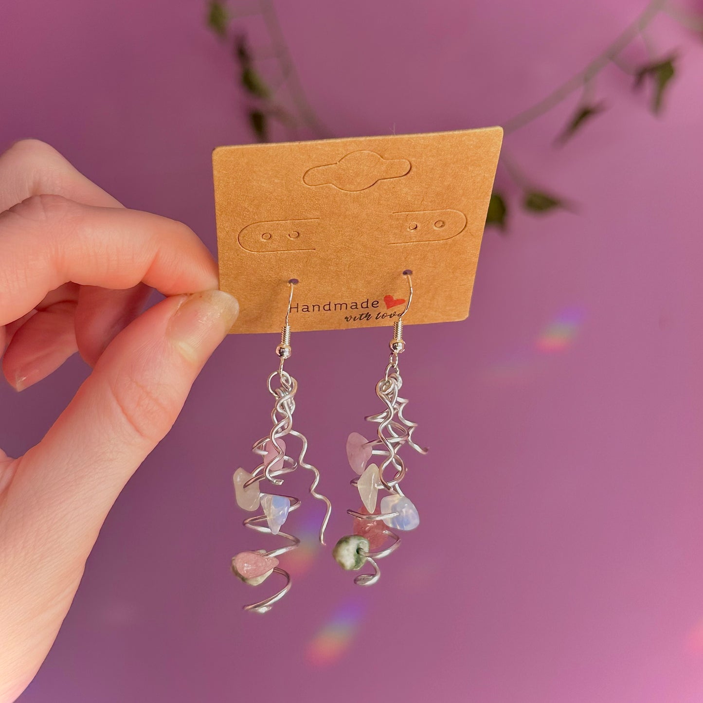 spiral earrings on 925 hooks ~ opalite, tree agate, lepidolite, strawberry quartz