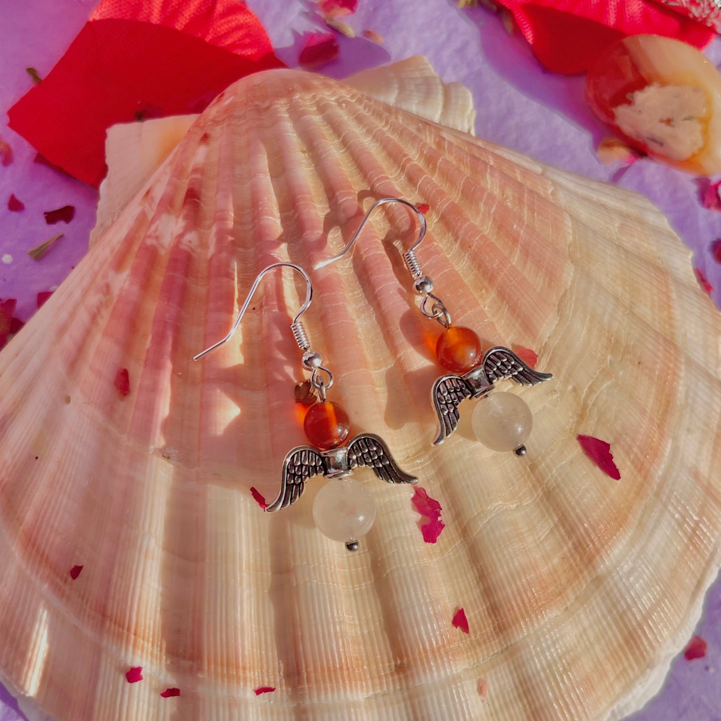 cherub earrings on 925 sterling silver hooks ~ carnelian & rose quartz