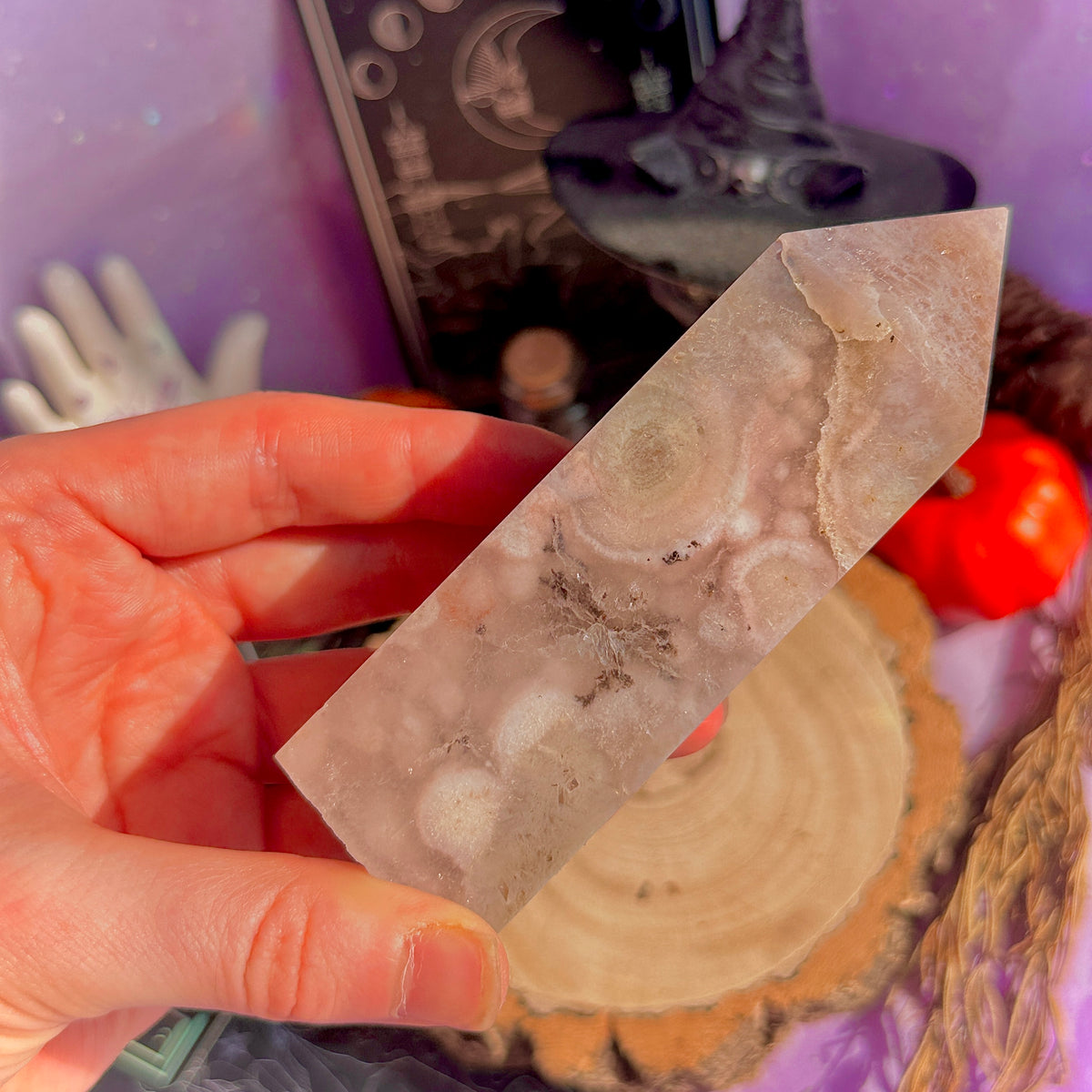 pink amethyst x flower agate chunky tower with dendrites