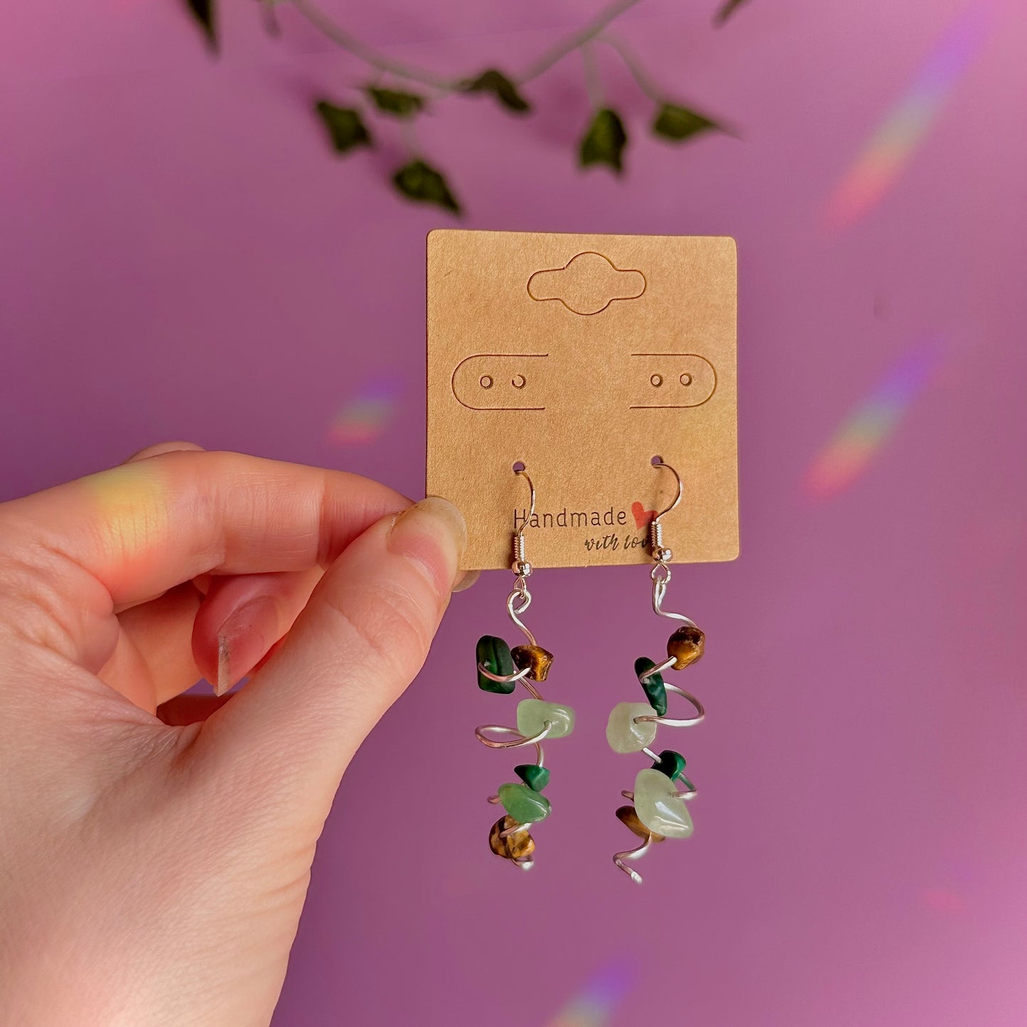 spiral earrings on 925 hooks ~ malachite, tigers eye, aventurine