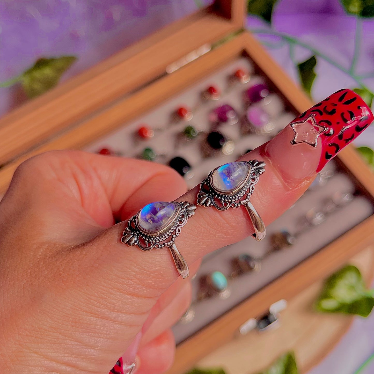rainbow moonstone style D ~ 925 sterling silver adjustable rings / intuitively chosen