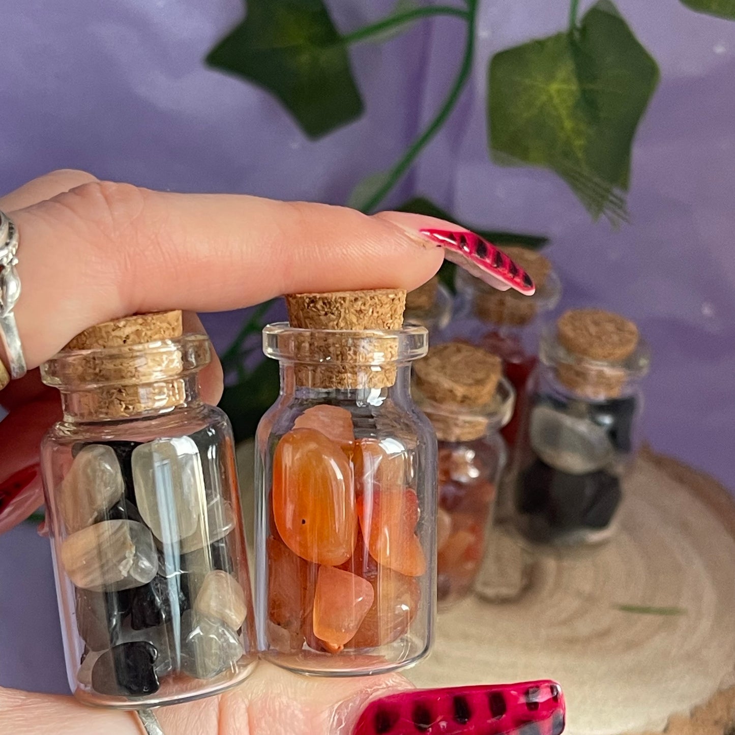 crystal vials - carnelian, black tourmaline & black moonstone