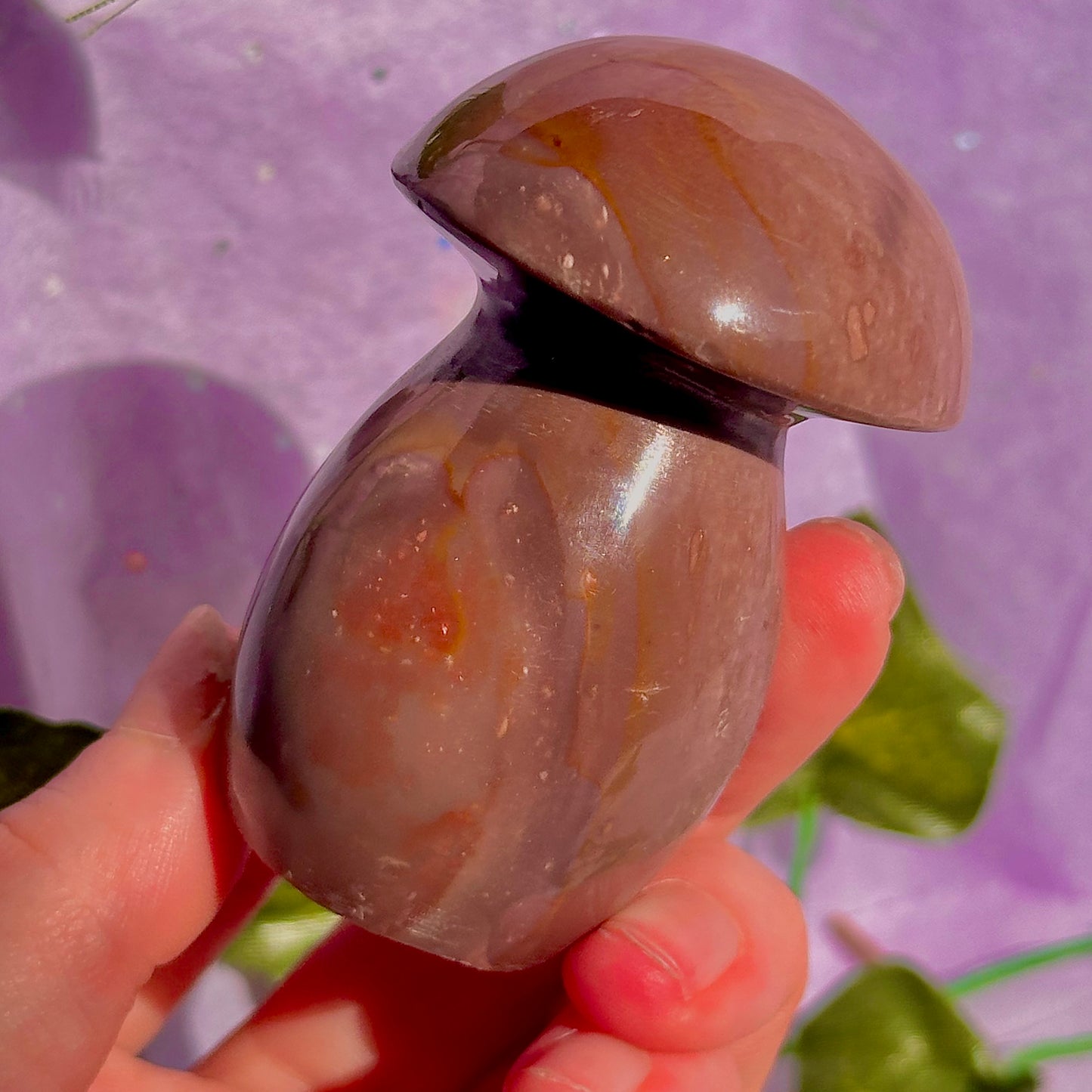 dusty mauve sea jasper mushroom carving
